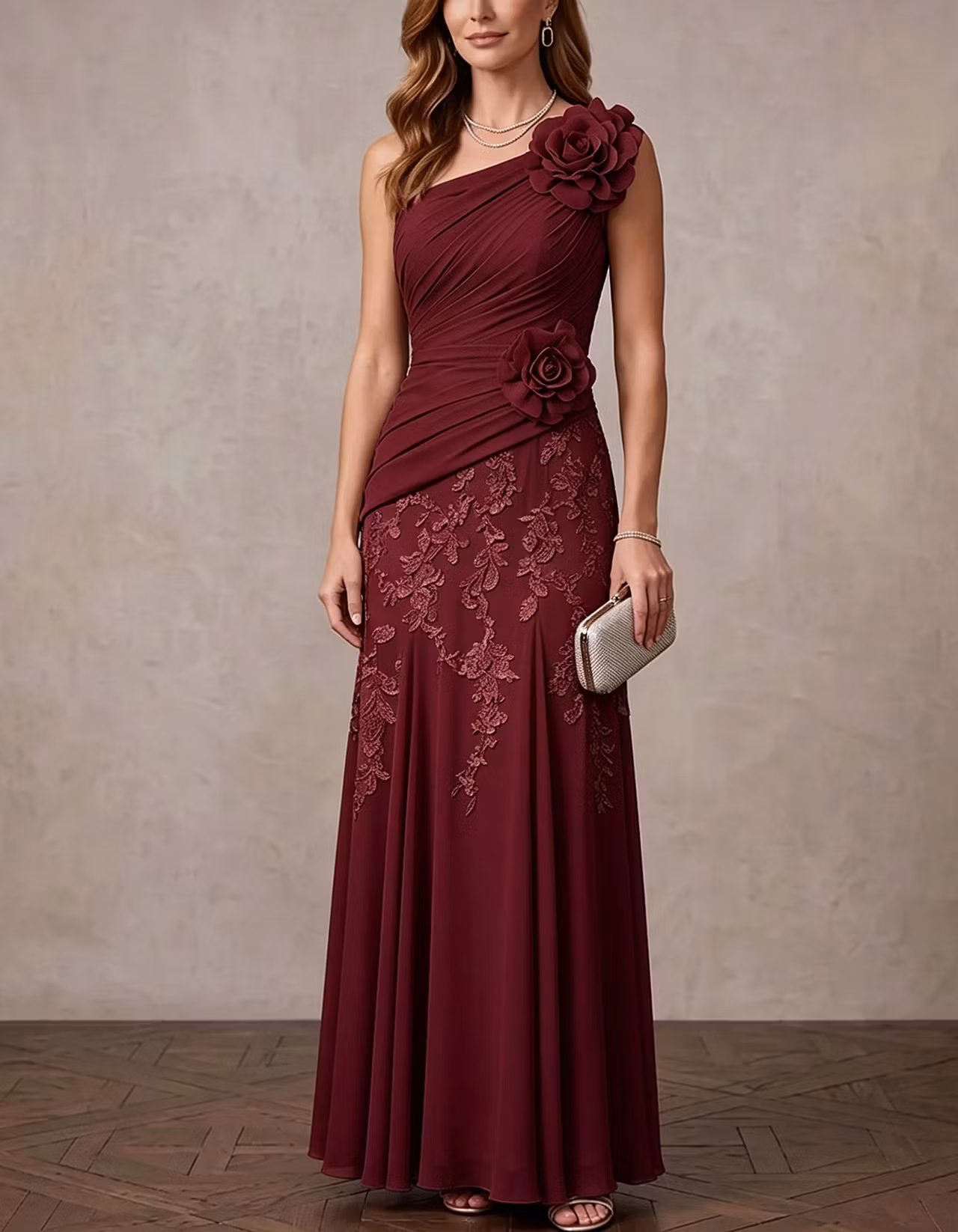 Chiffon One Shoulder Diagonal Ruched Bodice 3D Rose Maxi Dress