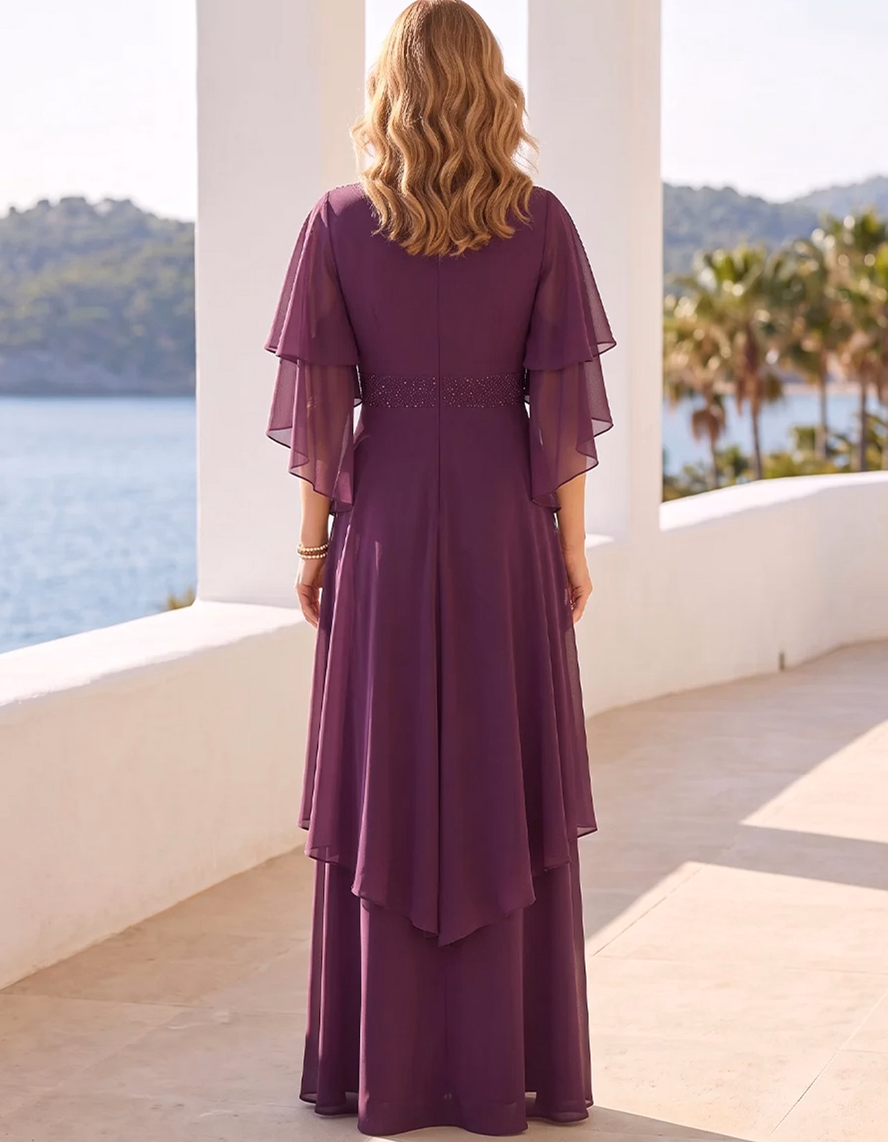 Chiffon Mesh Sequin Flutter Sleeve Waist Layered Hem Maxi Dress