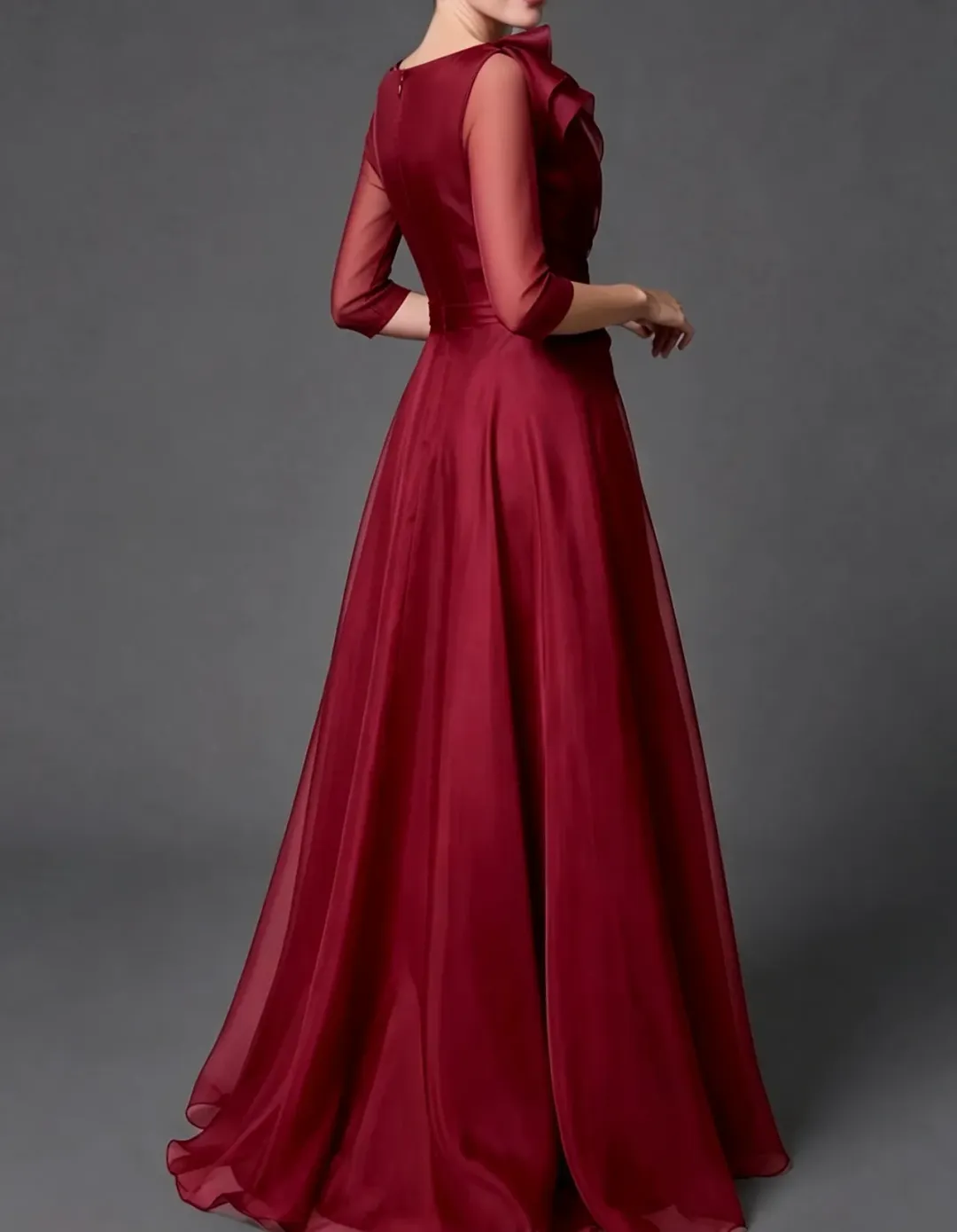 Draped Ruffle 3/4 Sheer Sleeve A-Line Organza Maxi Dress