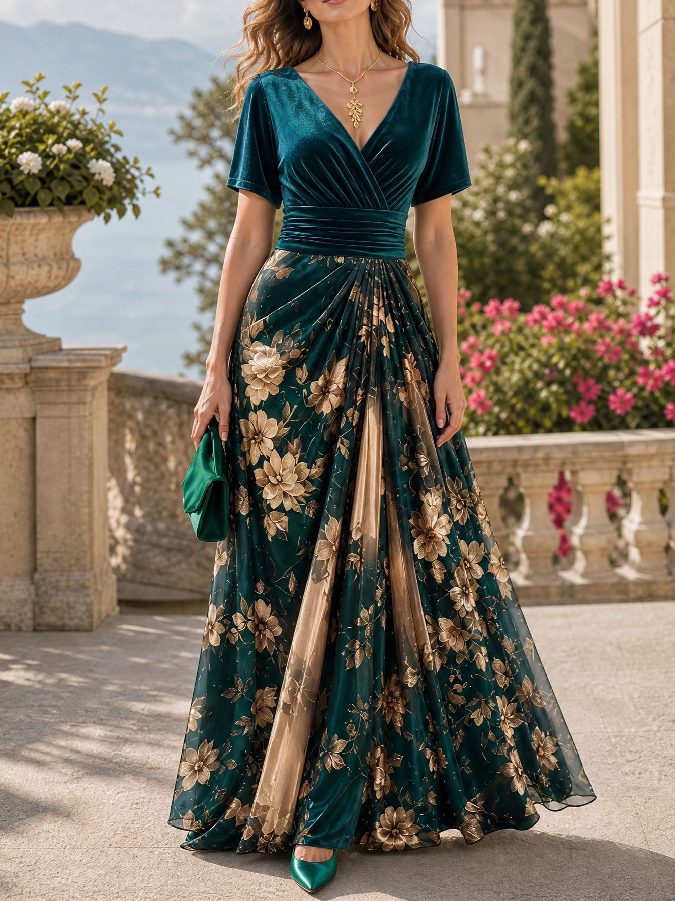 Emerald Green Velvet V‑Neck Short Sleeve Gold Floral Chiffon Maxi Evening Gown