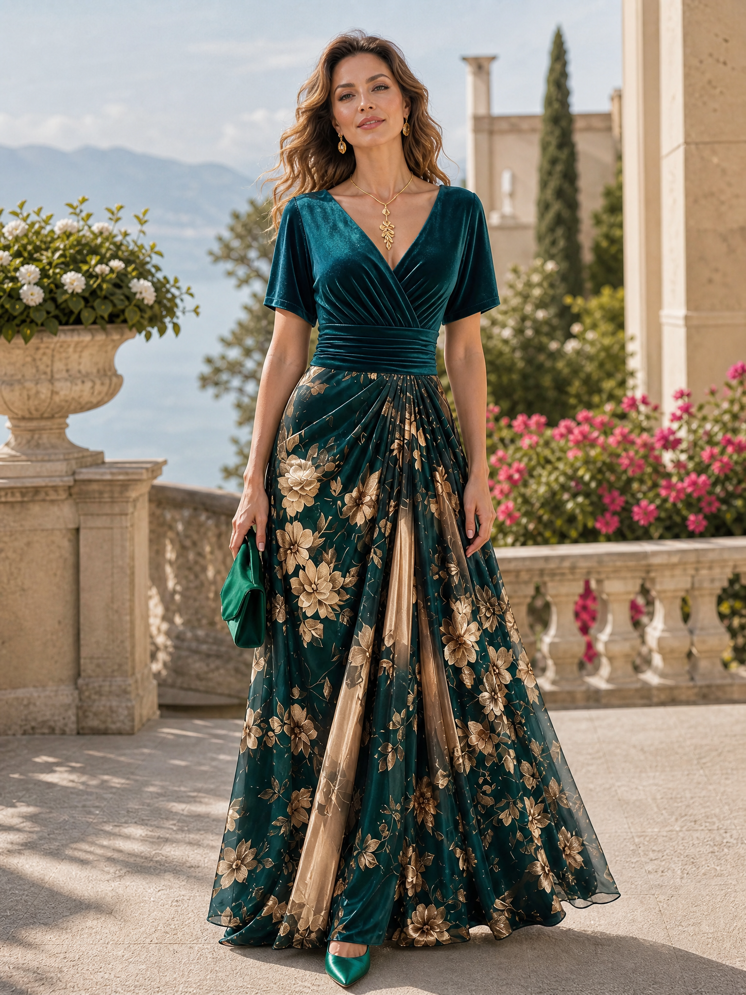 Emerald Green Velvet V‑Neck Short Sleeve Gold Floral Chiffon Maxi Evening Gown
