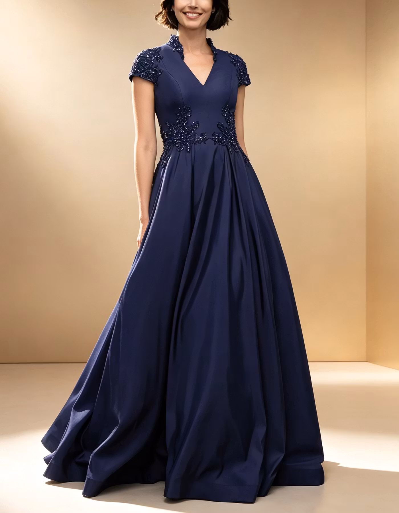 Dark Blue Satin With A Stand Up Collar Maxi Dress