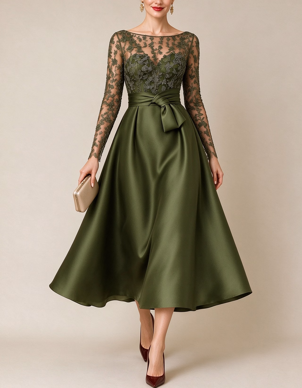Floral Lace Illusion Boat Neck Satin Midi Dress
