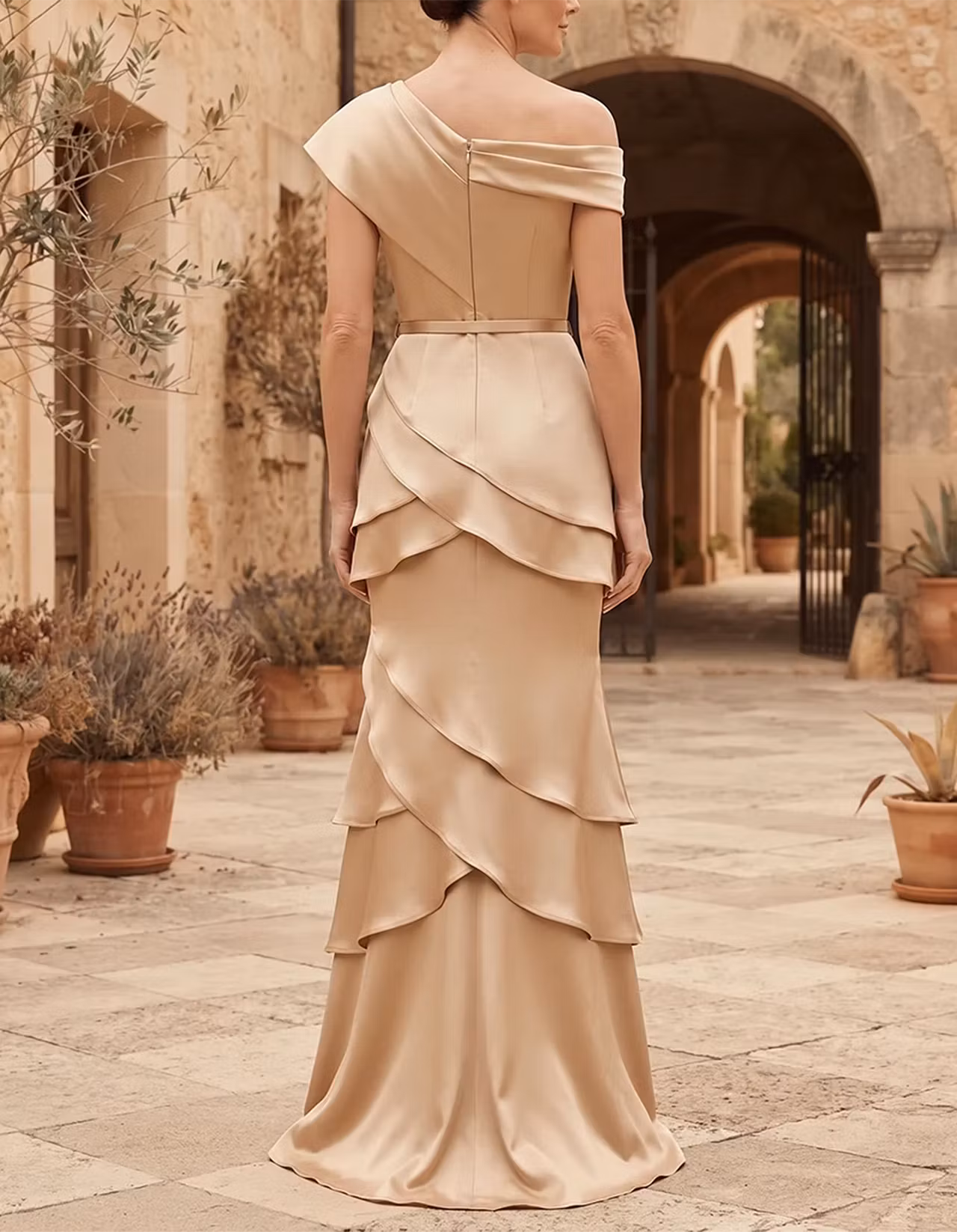 Champagne Asymmetric Off-the-Shoulder Satin Mermaid Maxi Dress