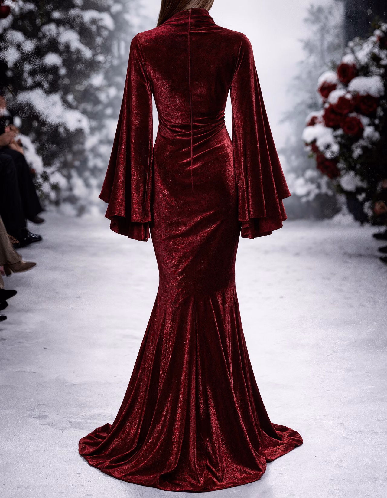 High Neck Bell Sleeve Velvet Mermaid Evening Maxi Dress