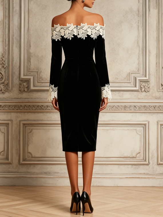 Black Lace Velvet Off The Shoulder Long Sleeve Sheath Midi Dress