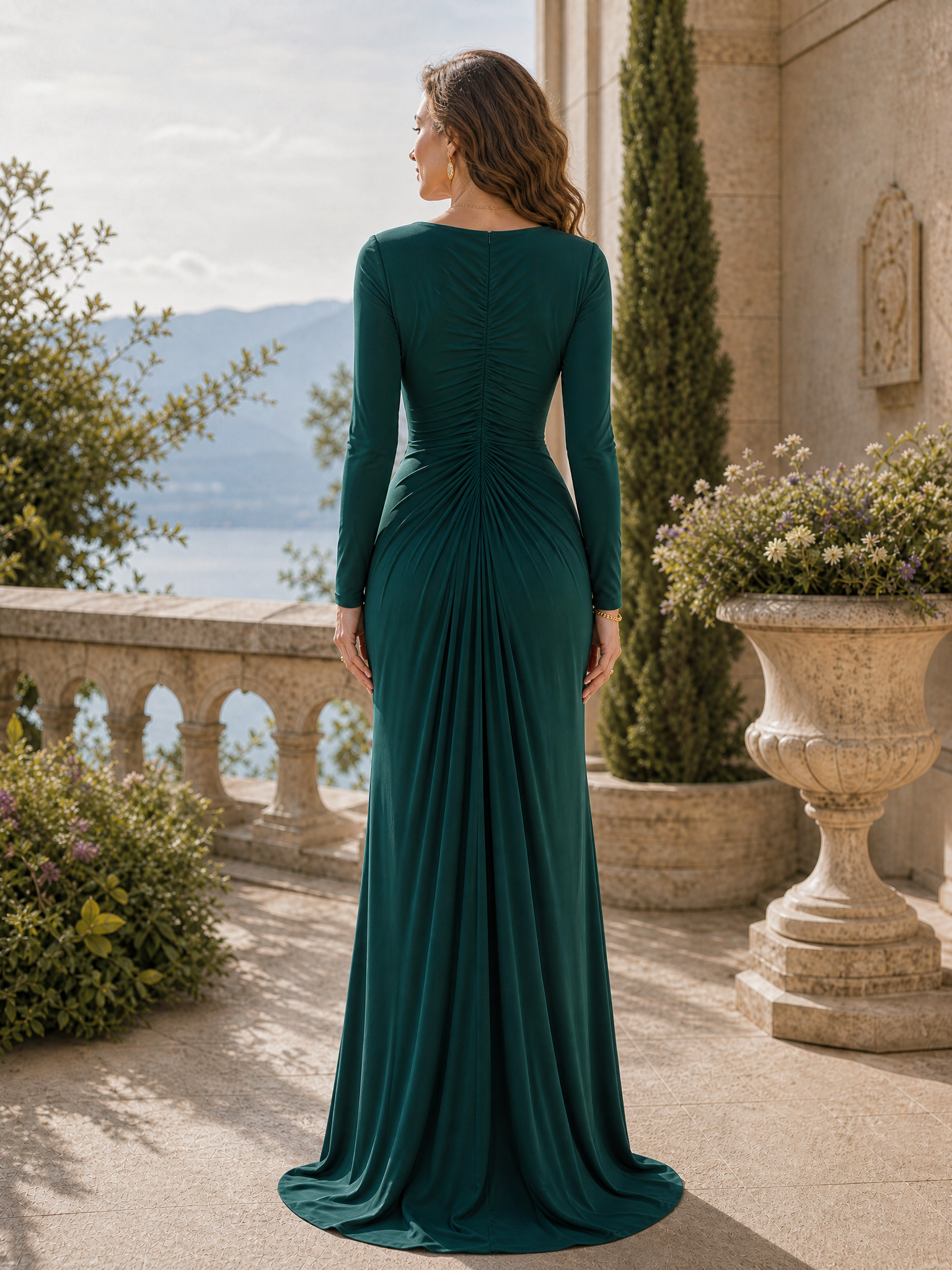 Emerald Green Long‑Sleeve Pleated Jersey Mermaid Floor‑Length Mother of the Bride Formal Gown
