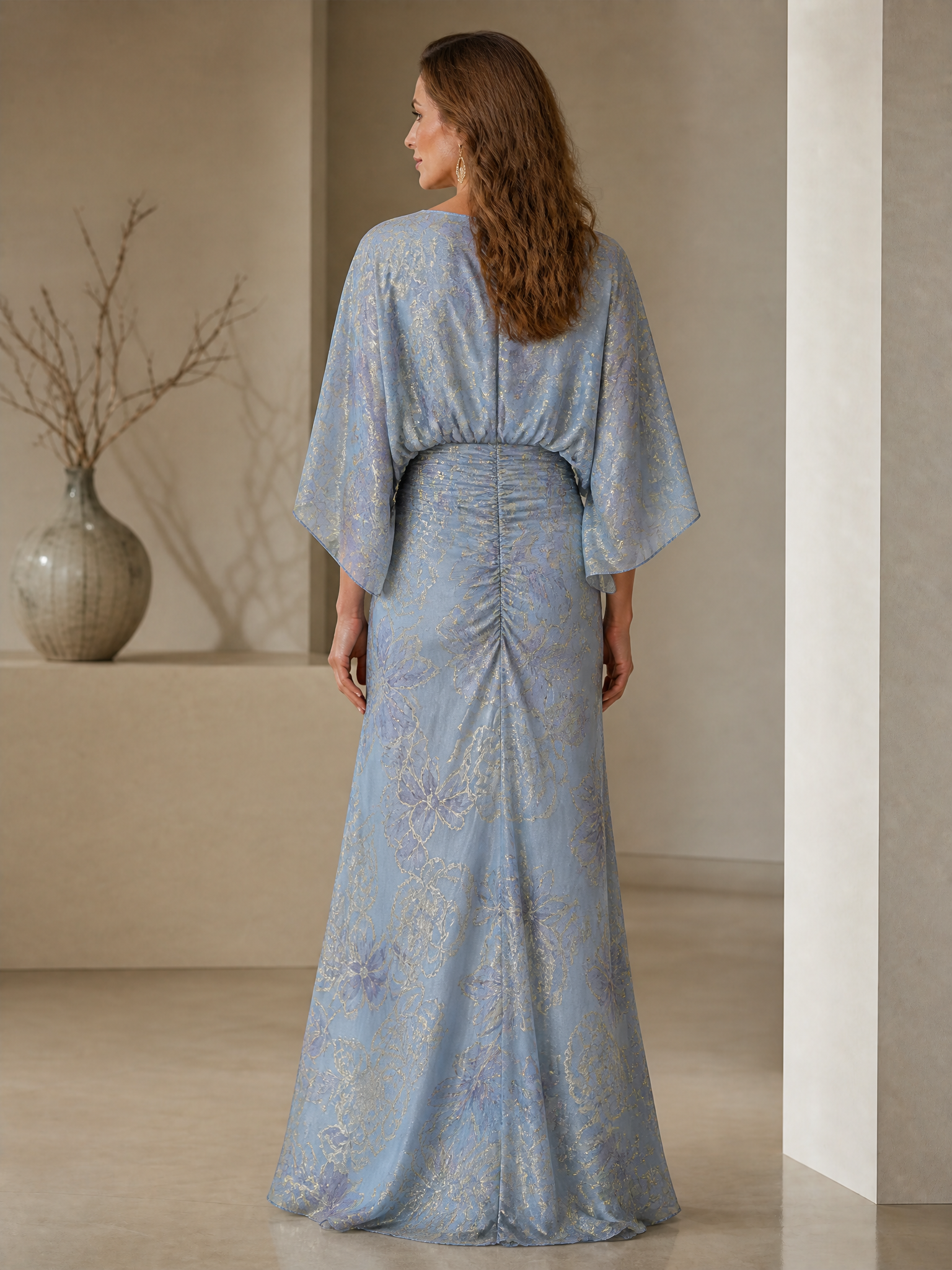 Dusty Blue Metallic Floral Print Mother Of The Bride Long Gown