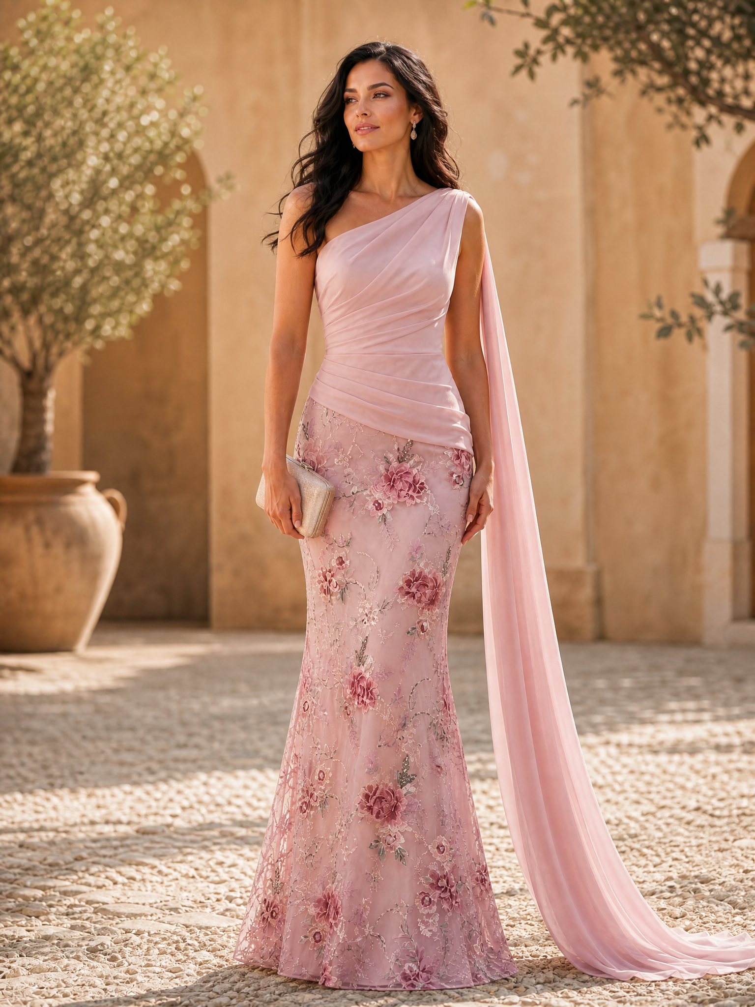 Blush Pink One‑Shoulder Mermaid Evening Gown With Floral Applique