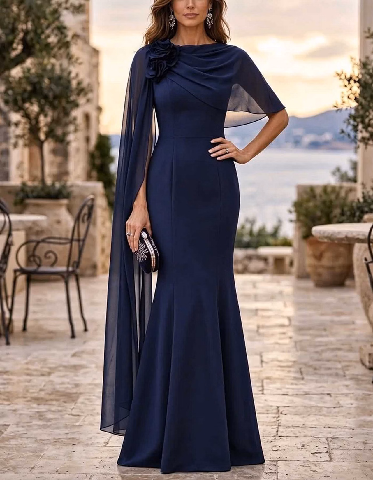 Chiffon Cape Sleeve 3D Flower Maxi Dress
