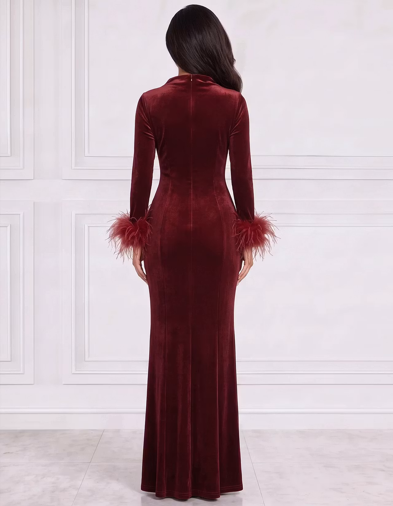 Burgundy Velvet Crew Neck With Feather Cuffs Maxi Dress