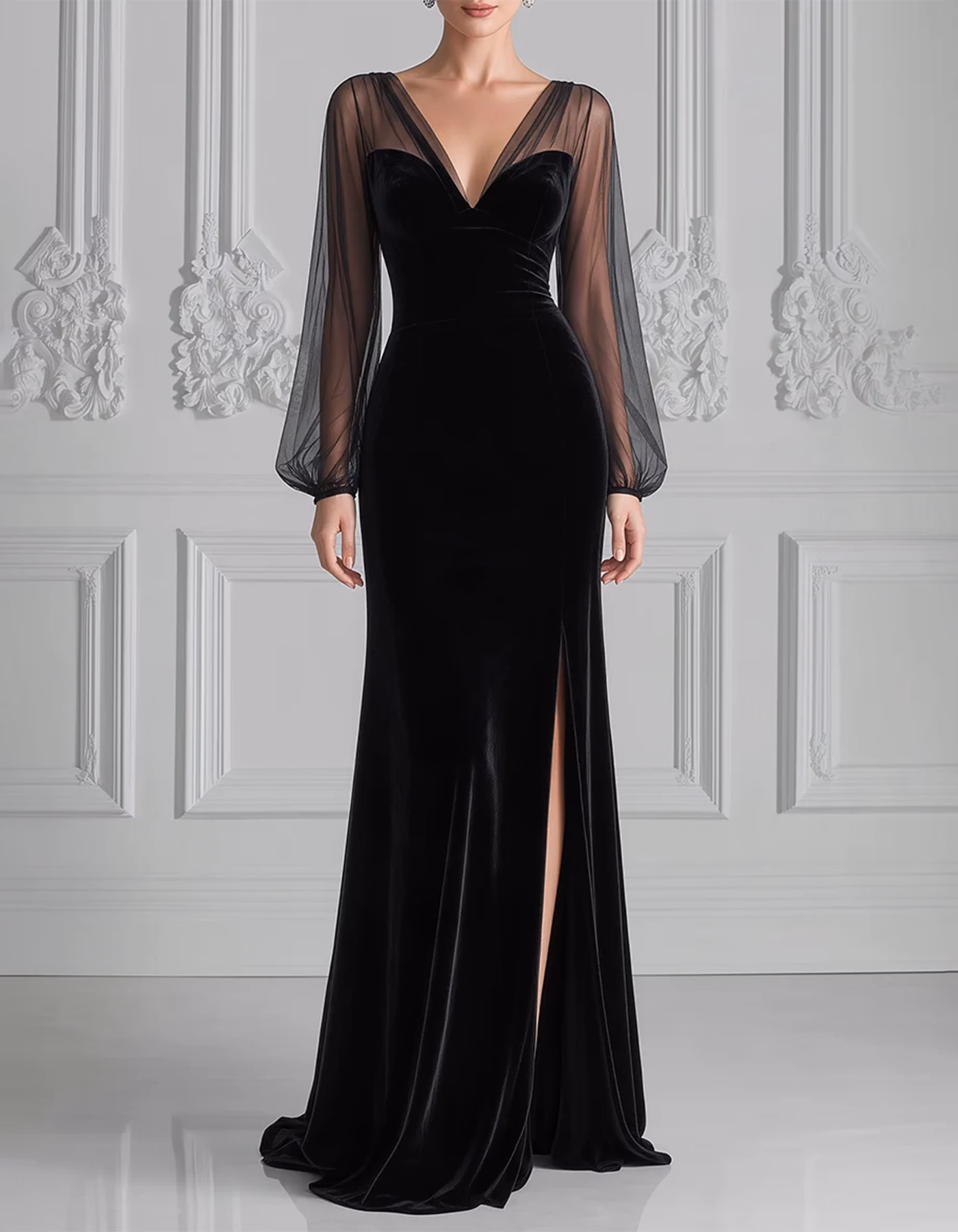 Black Deep V Sheer Tulle Velvet Mermaid Maxi Dress