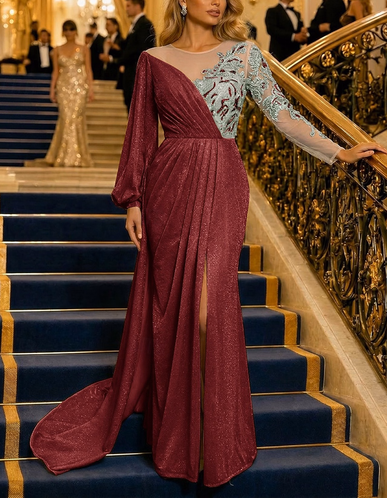 Gold Illusion Round Neck Sequin Lace Glitter Maxi Dress