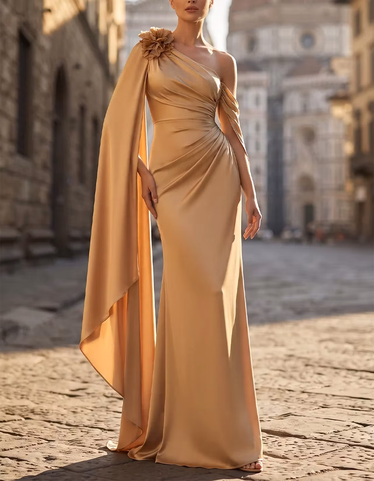 Champagne Gold One-Shoulder Satin Mermaid Maxi Dress