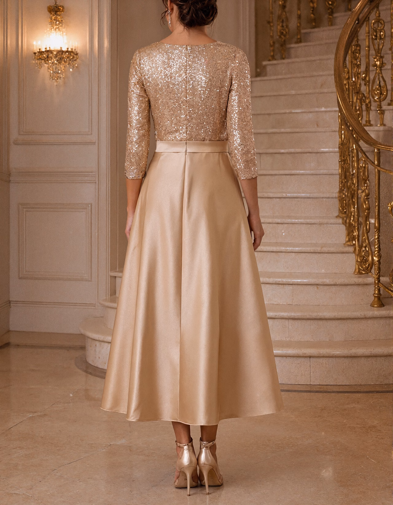 Solid Color V-Neck With Sequins Midi Dress