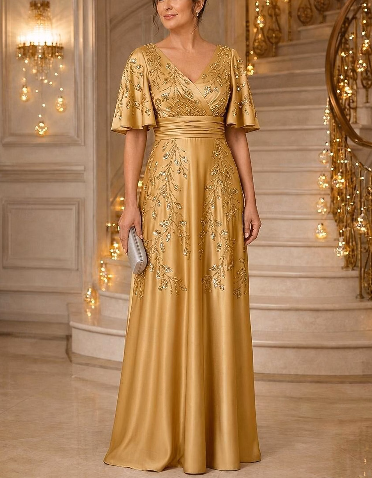 Satin V-Neck Flutter Short Sleeve Leaf Sequin Embroidery Maxi Dress