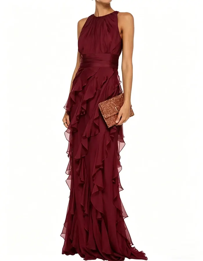 Green Elegant Ruffled Maxi Dress