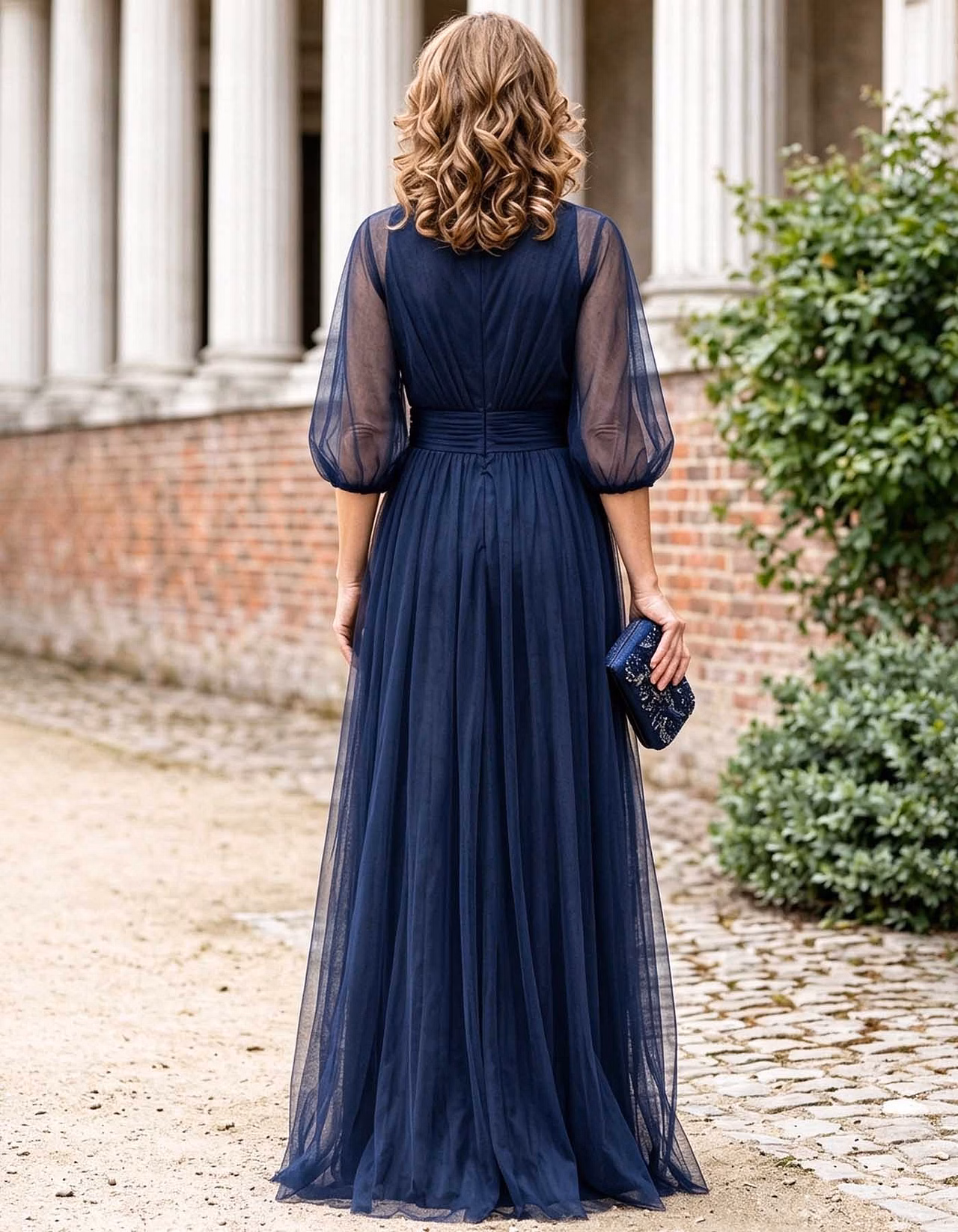 Tulle V-Neck Puff 3/4 Sleeve Ruched A-Line Maxi Dress