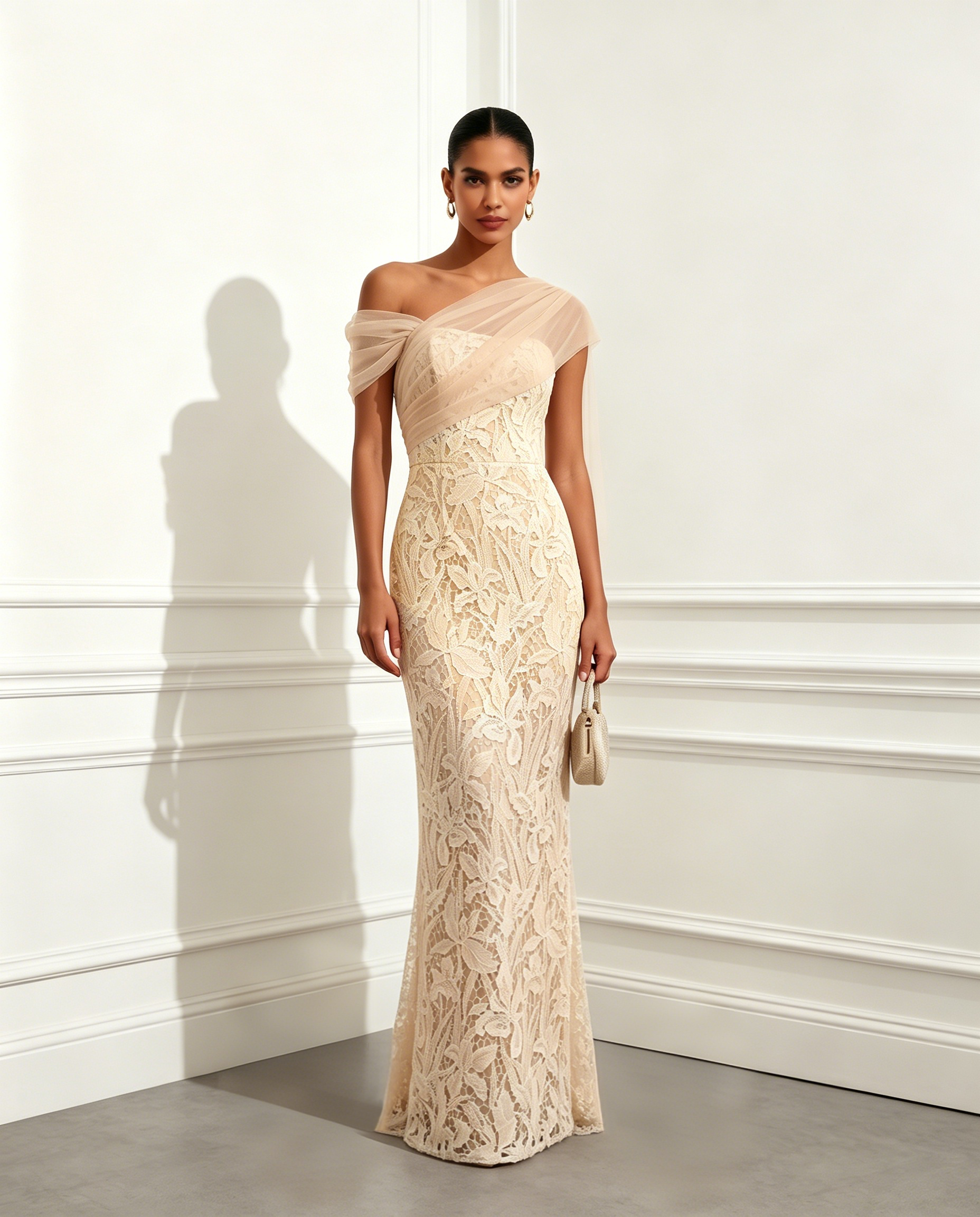 Beige Mesh Lace Asymmetrical Short Sleeve Mermaid Floor Length Dress