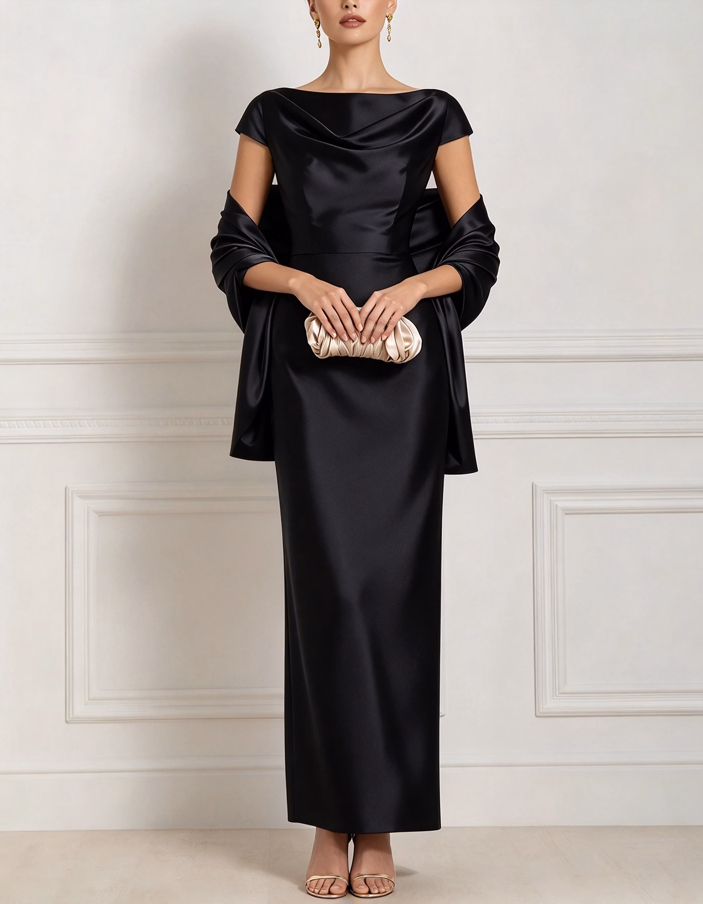Champagne Cowl Draped Cap Sleeve Satin Maxi Dress
