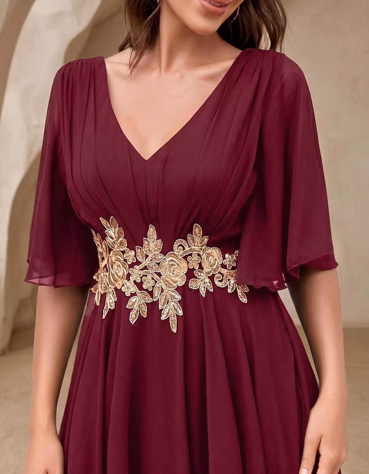 V-Neck Floral Lace Embroidered Chiffon A-Line Maxi Dress