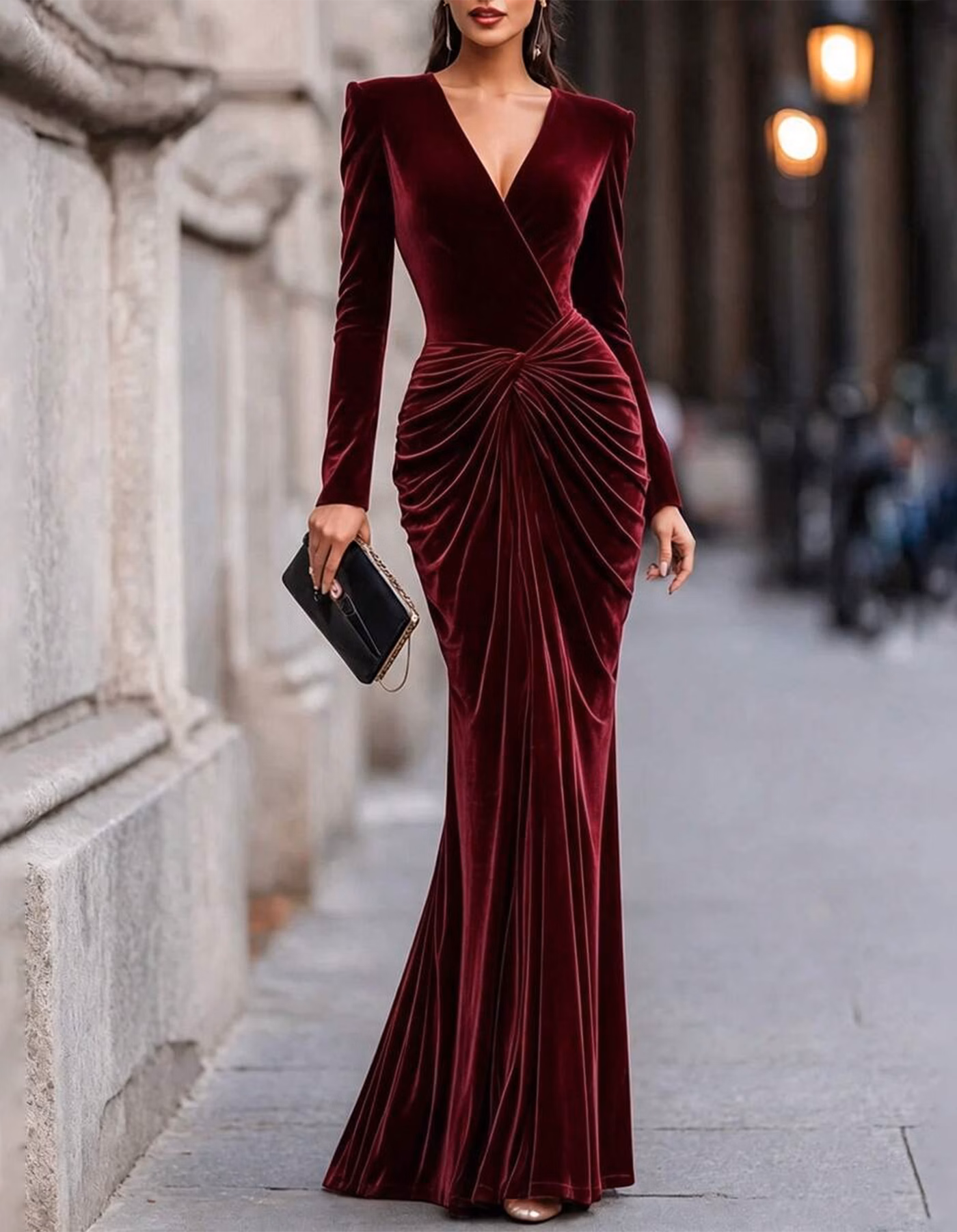 Burgundy Deep V Long Sleeve Velvet Mermaid Maxi Dress