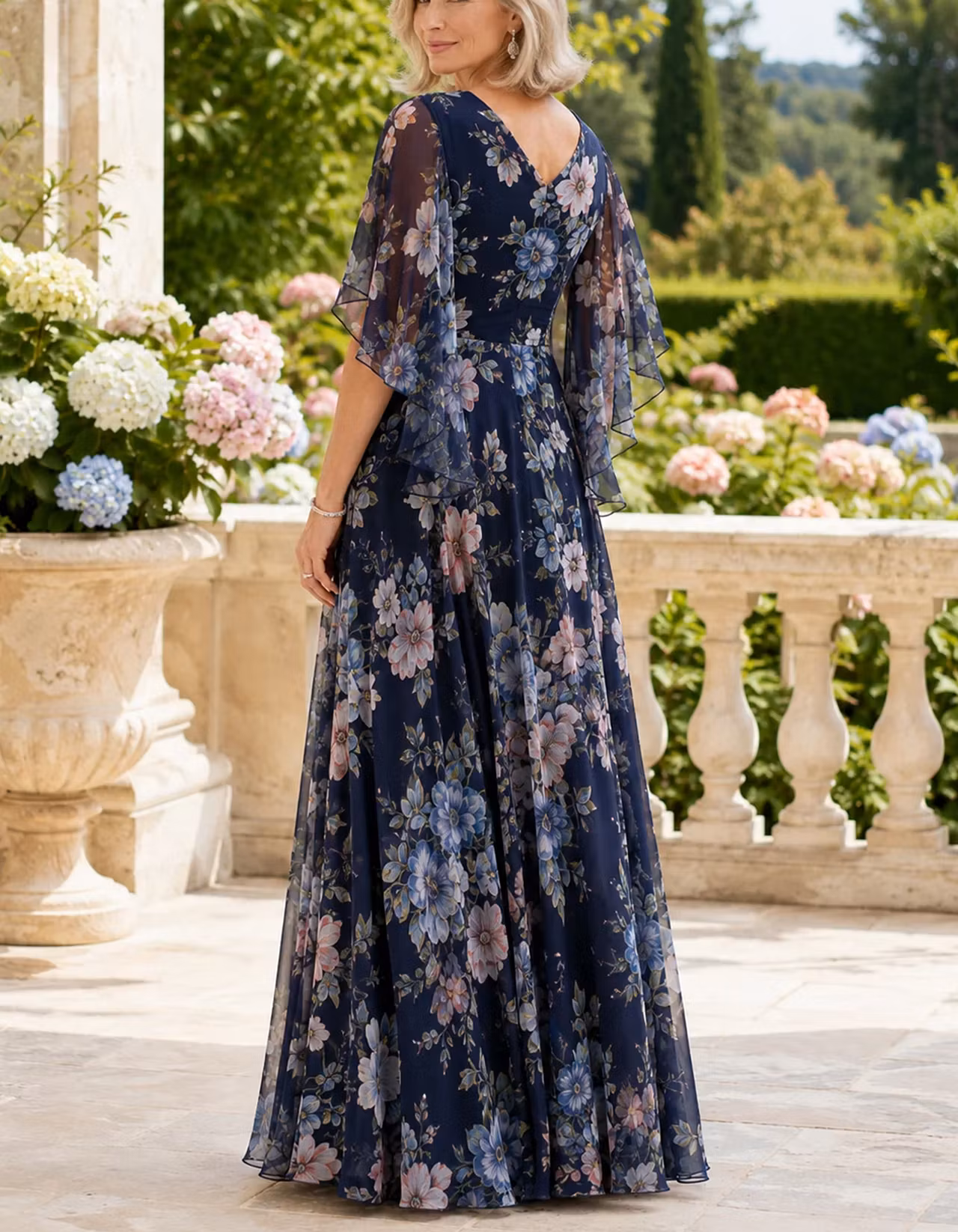 Navy Blue Floral Print Wrap Ruffle High Low Chiffon Maxi Dress