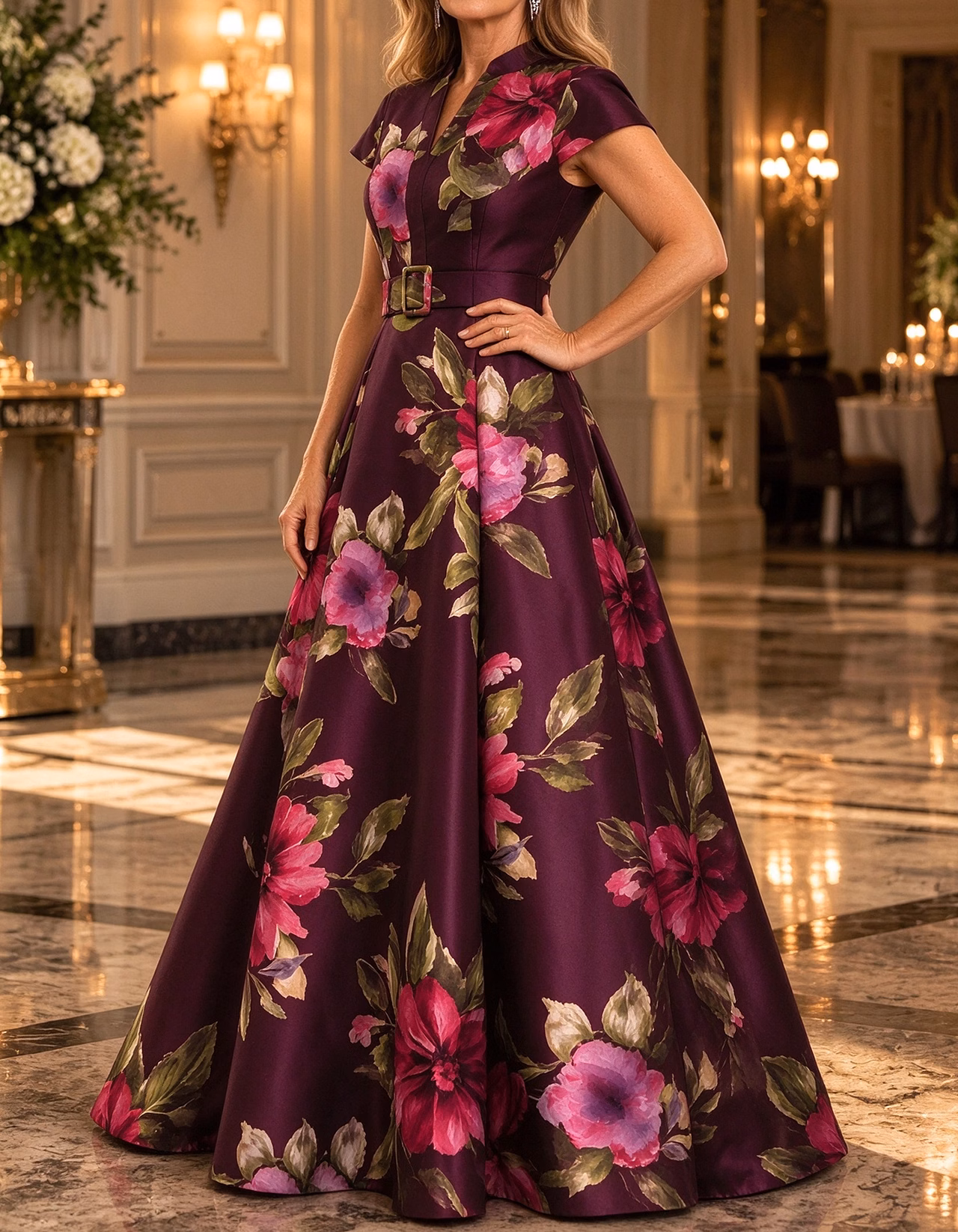 Plum Watercolor Floral Satin Maxi Dress