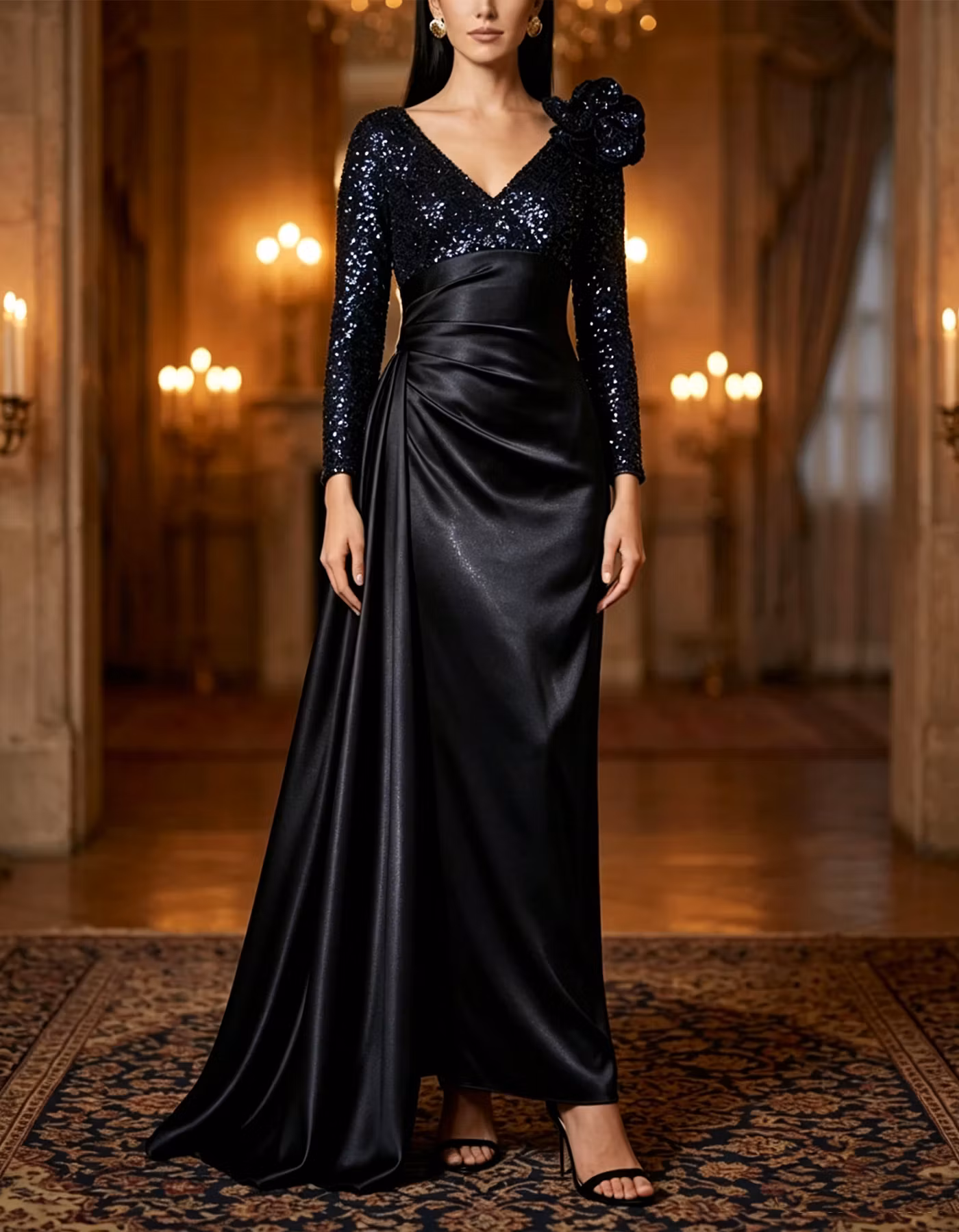 Navy V-Neck Long-Sleeve Sequin-Bodice Satin Maxi Dress