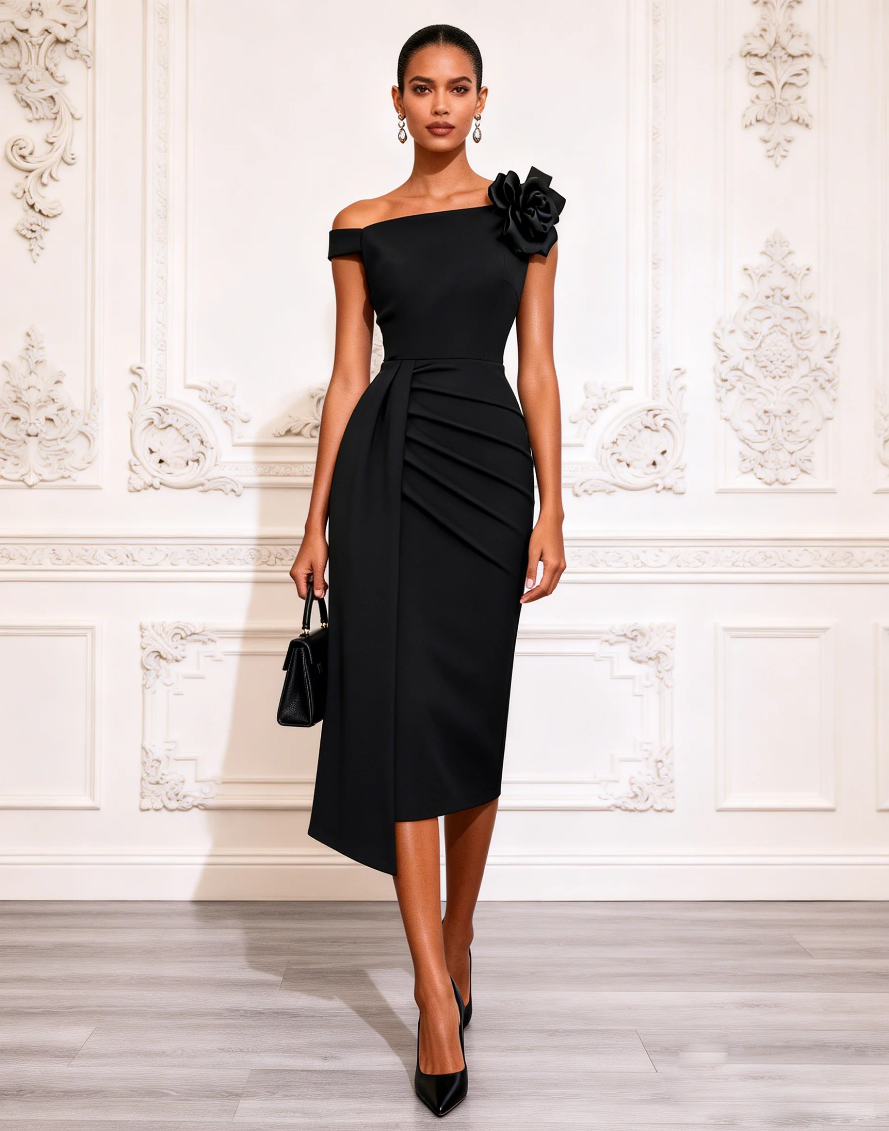 Black 3D Floral Ruched Knit Asymmetrical Collar Short Sleeve Sheath Midi Dress