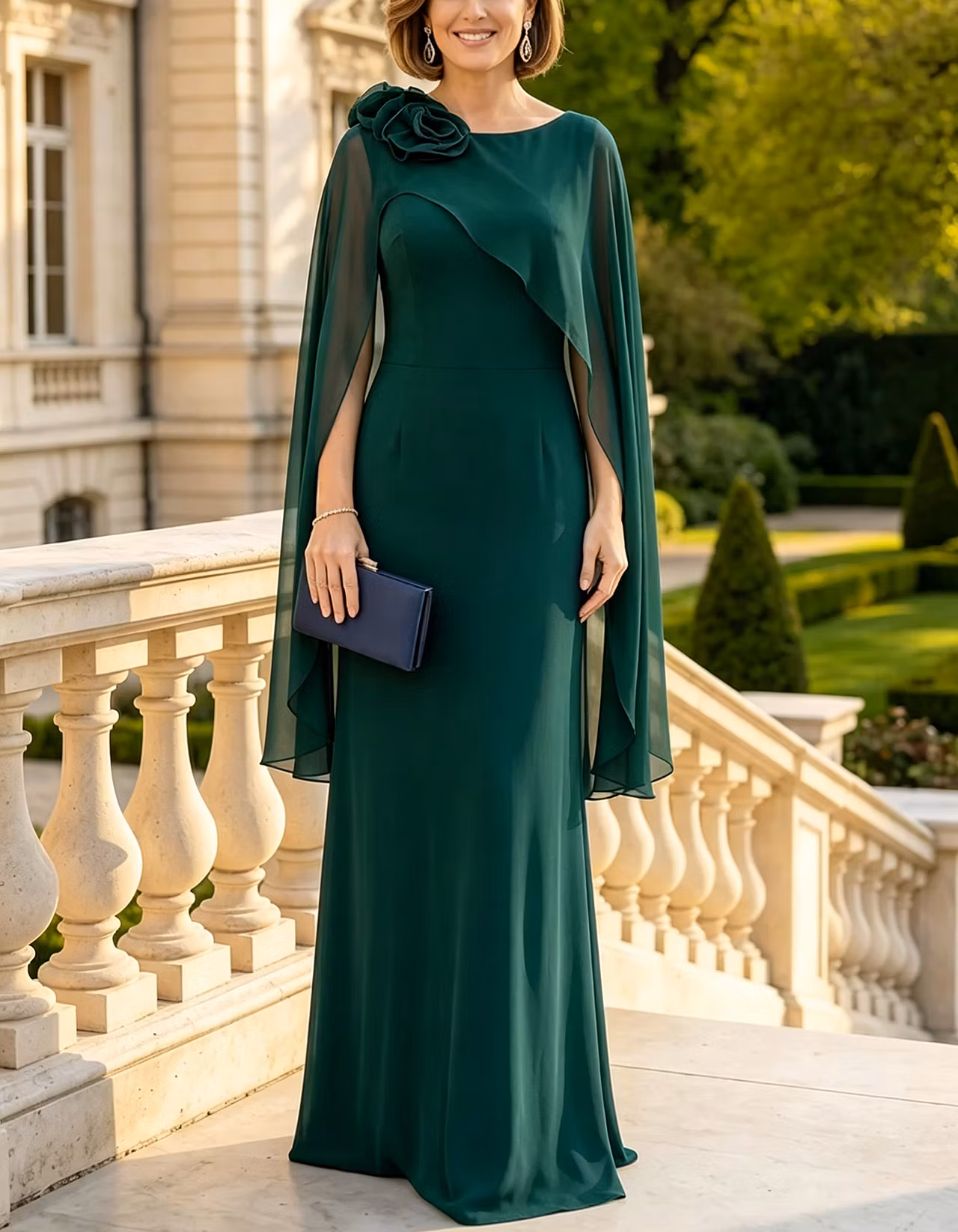 Chiffon Cape Sleeve Shoulder 3D Flower Maxi Dress