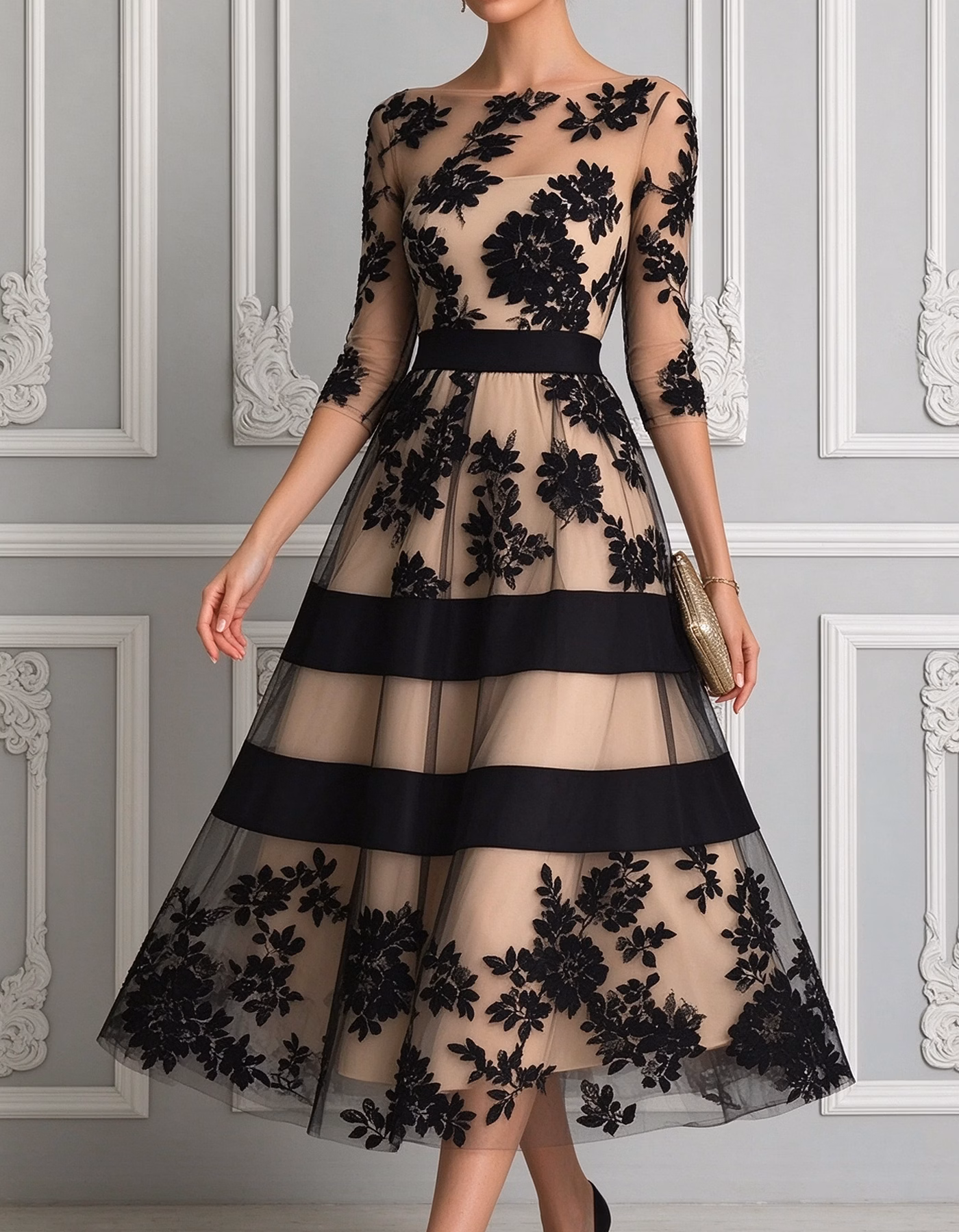 Black Boat Neck 3/4 Sleeve Lace Midi Dress