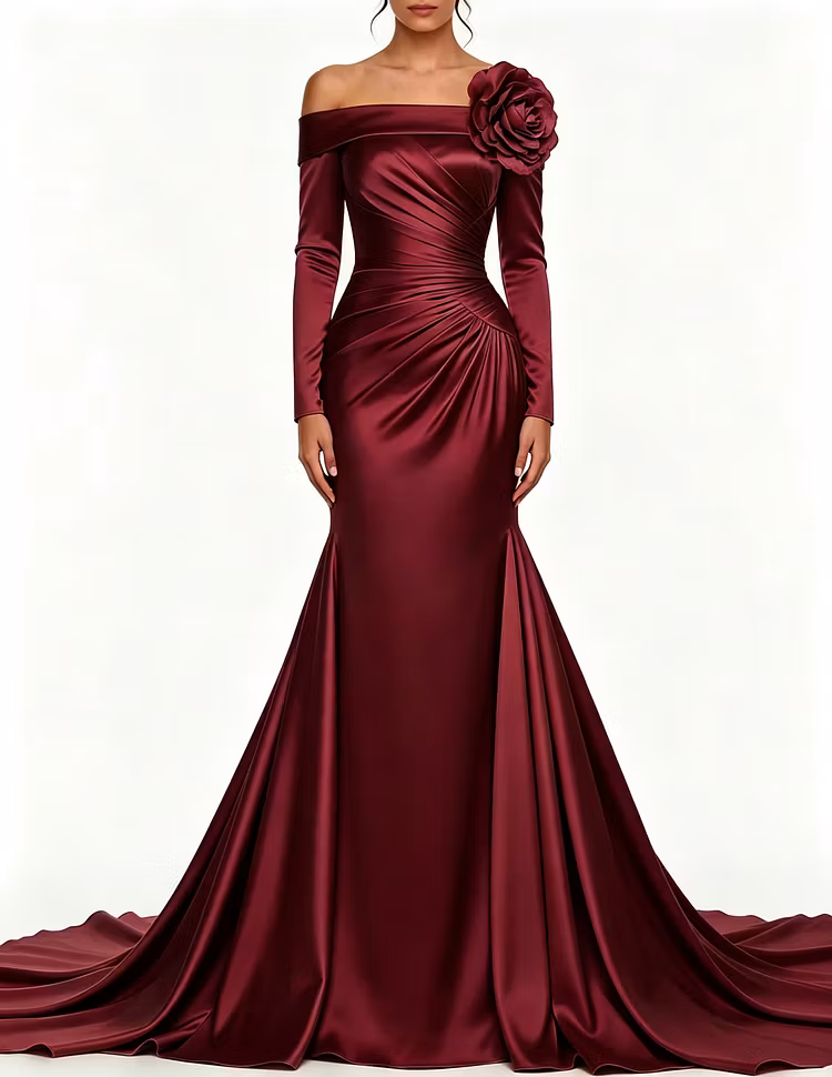 Off The Shoulder Satin Long Sleeve 3D Floral Formal Maxi Dress