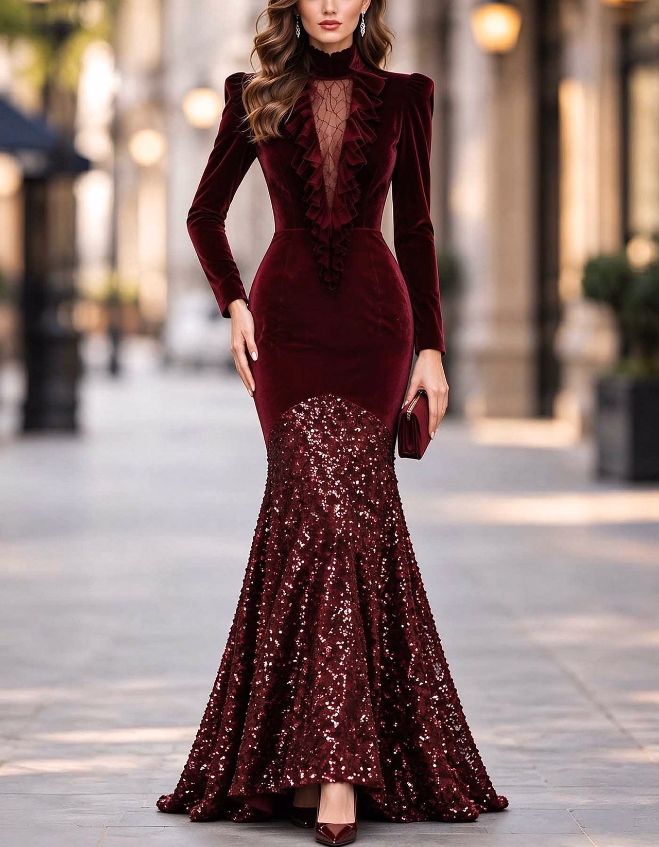 Burgundy Ruffle Mesh Panel Velvet Long Sleeve Sequin Maxi Dress