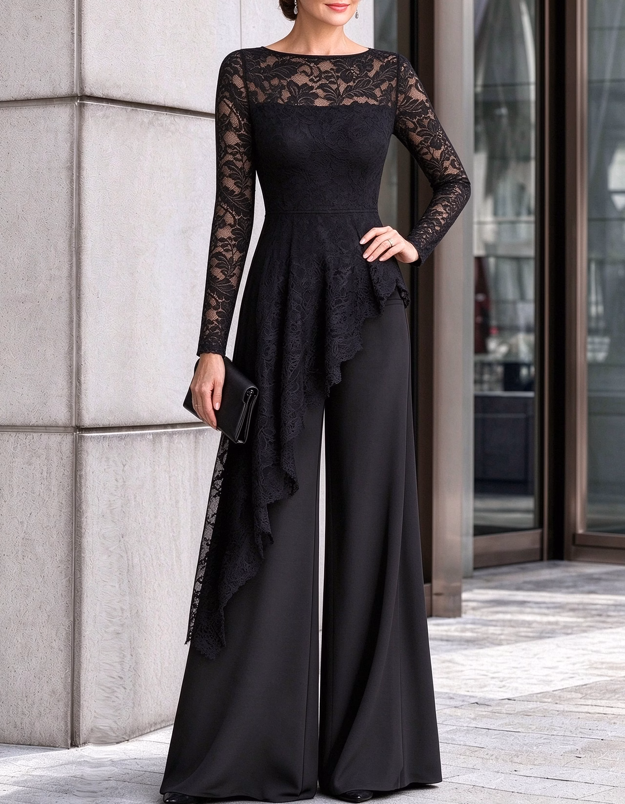 Black Lace Asymmetrical Peplum Wide Leg Jumpsuit