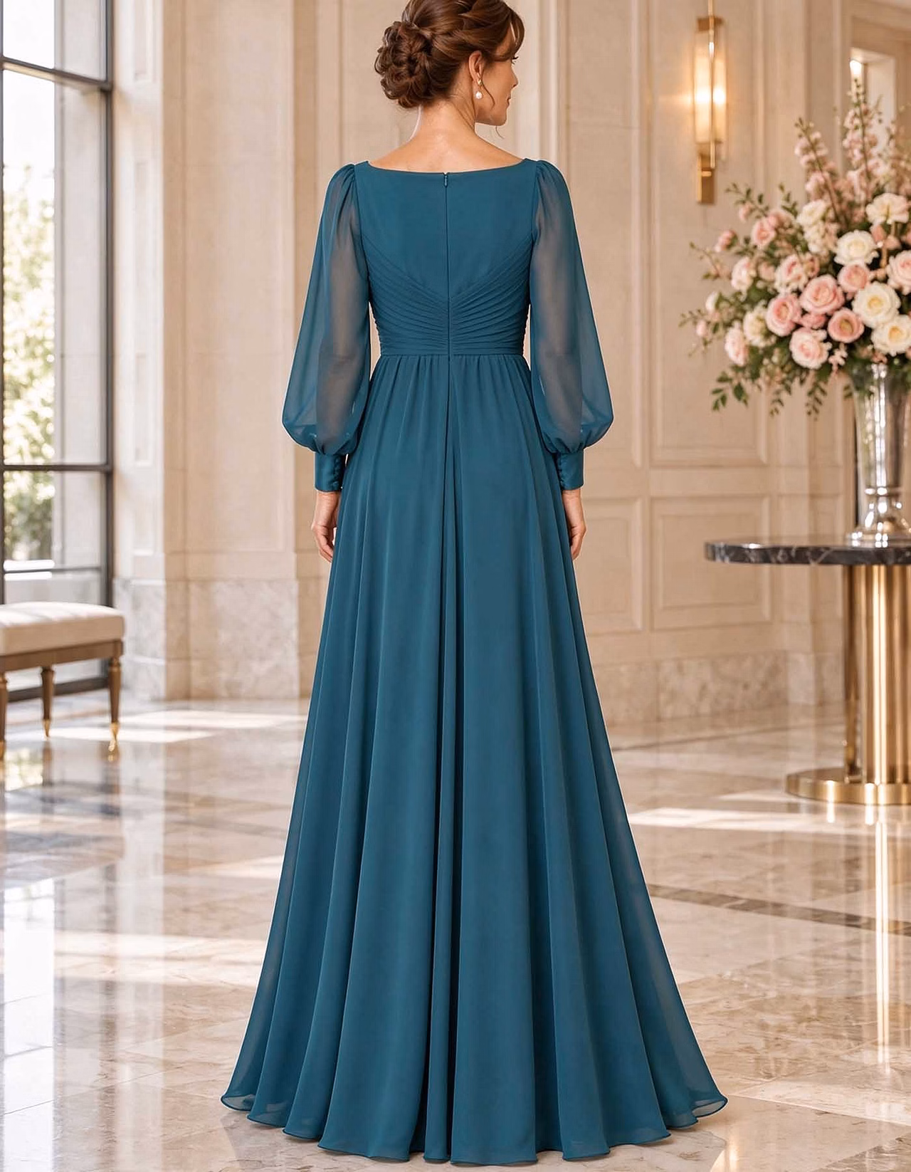 Chiffon Puff Long Sleeve A-Line Maxi Dress