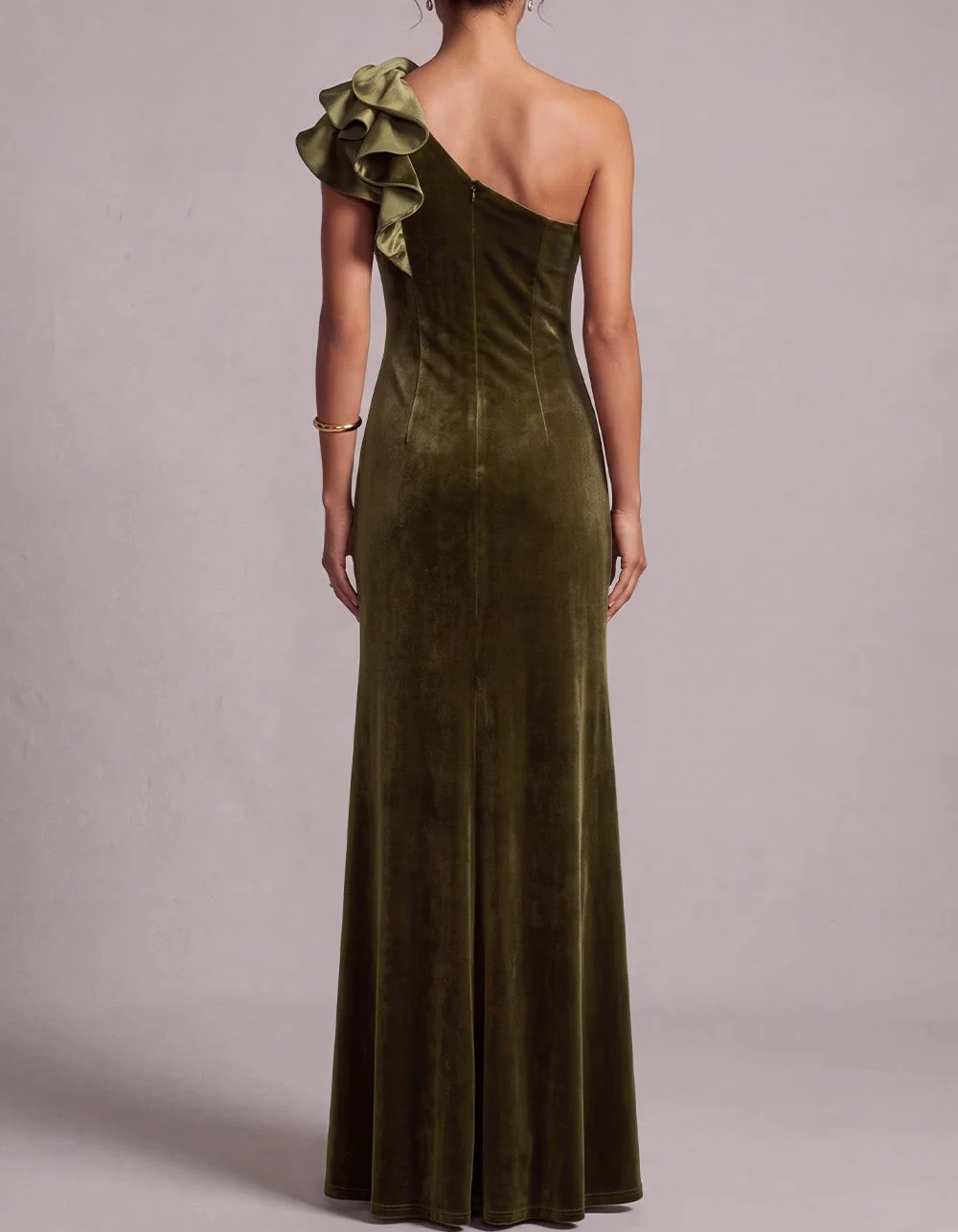 One Shoulder Velvet Satin Ruffle & High Slit Evening Maxi Dress