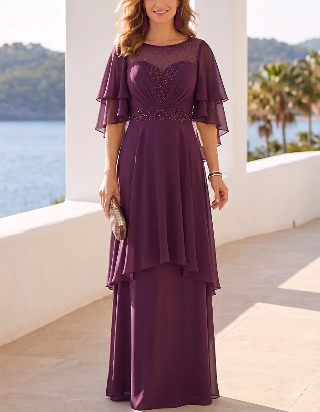 Chiffon Mesh Sequin Flutter Sleeve Waist Layered Hem Maxi Dress