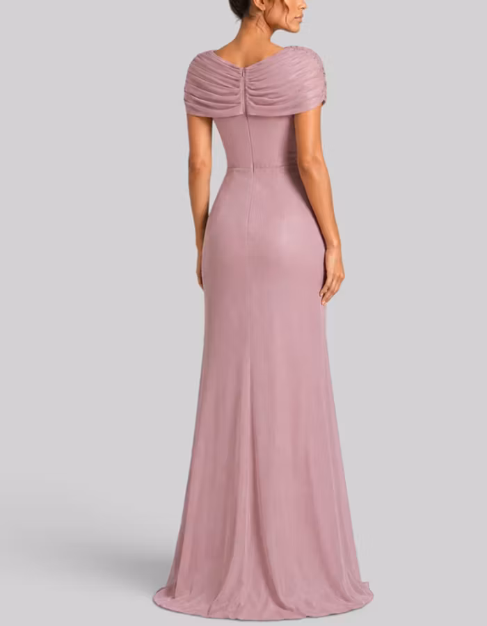 Pink Pleated V-neck Chiffon Maxi Dress