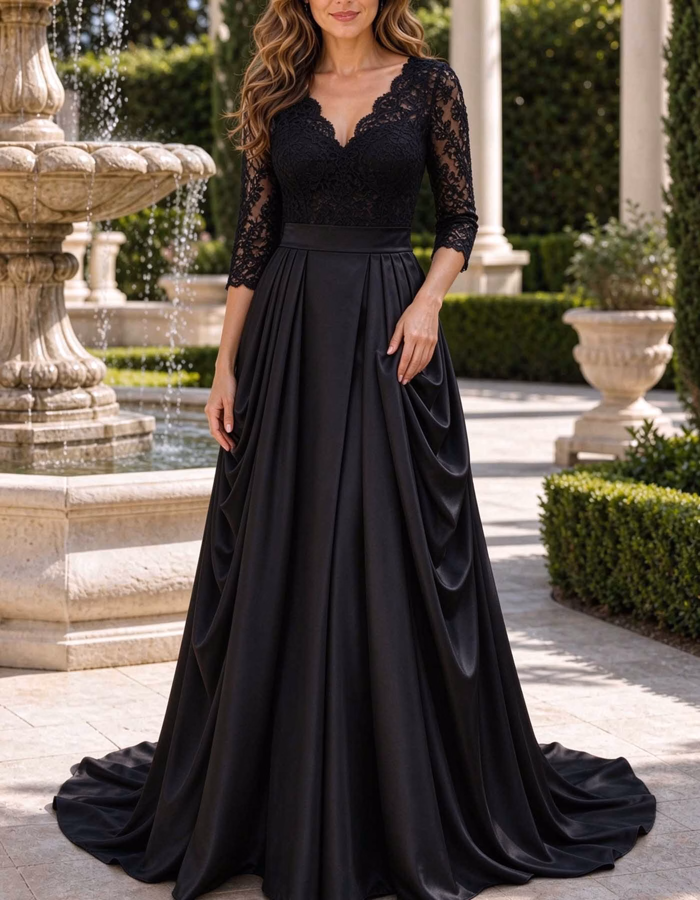 Lace 3/4 Sleeve V-Neck Satin A-Line Maxi Dress