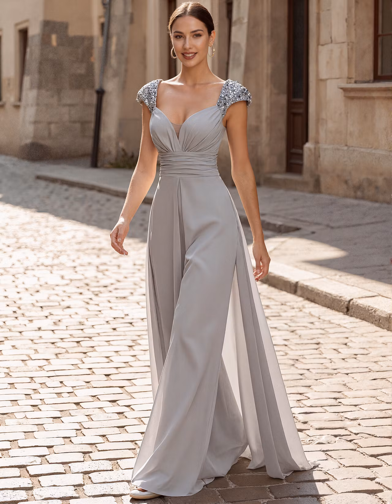 Grey Sequined Chiffon Jumpsuit