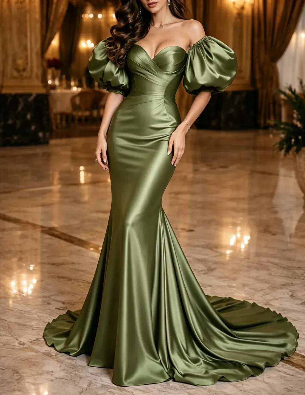 Off The Shoulder Satin Sweetheart Puff Short Sleeve Mermaid Evening Maxi Dress