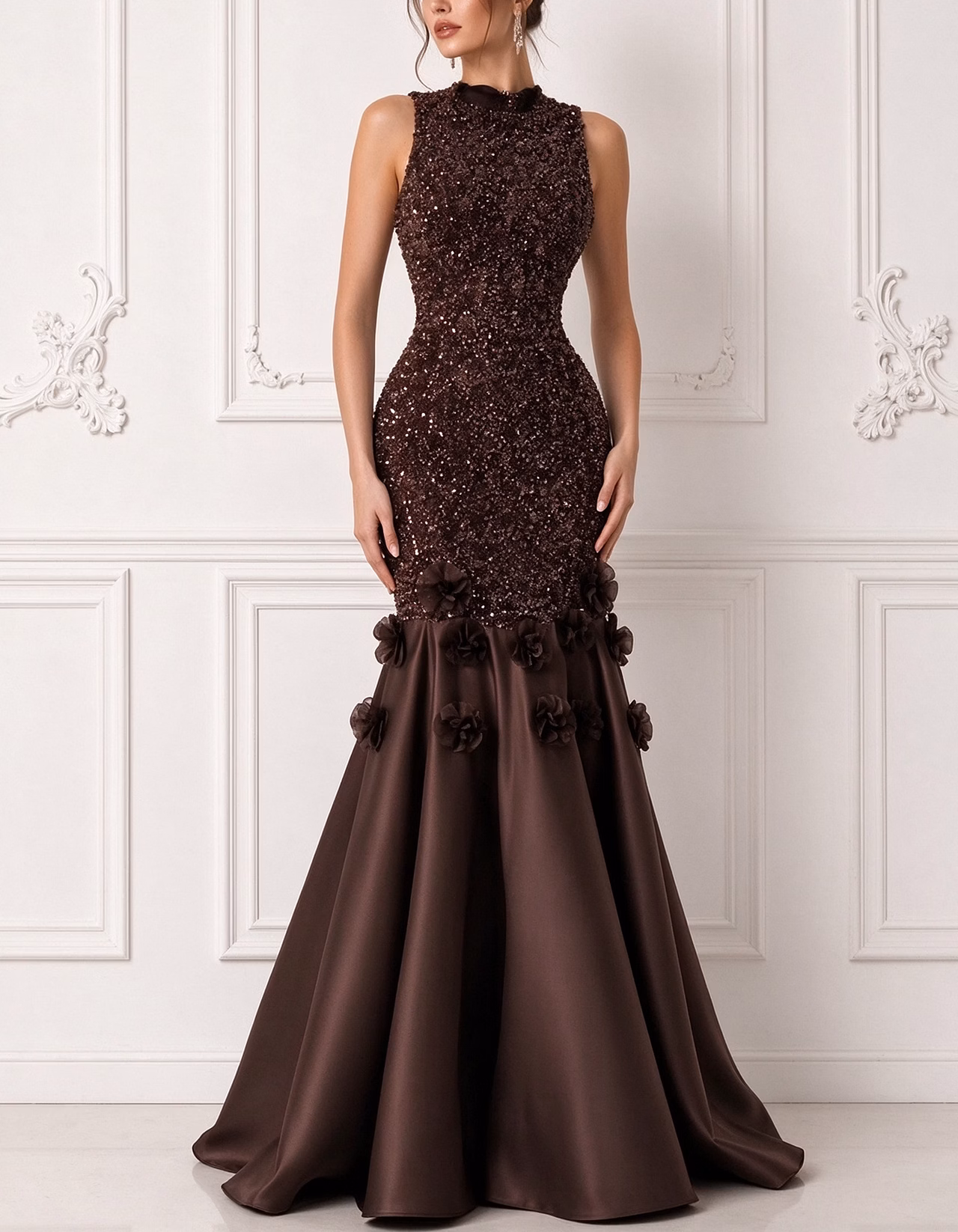 High Neck Sleeveless Sequin 3D Flower Satin Mermaid Maxi Dress