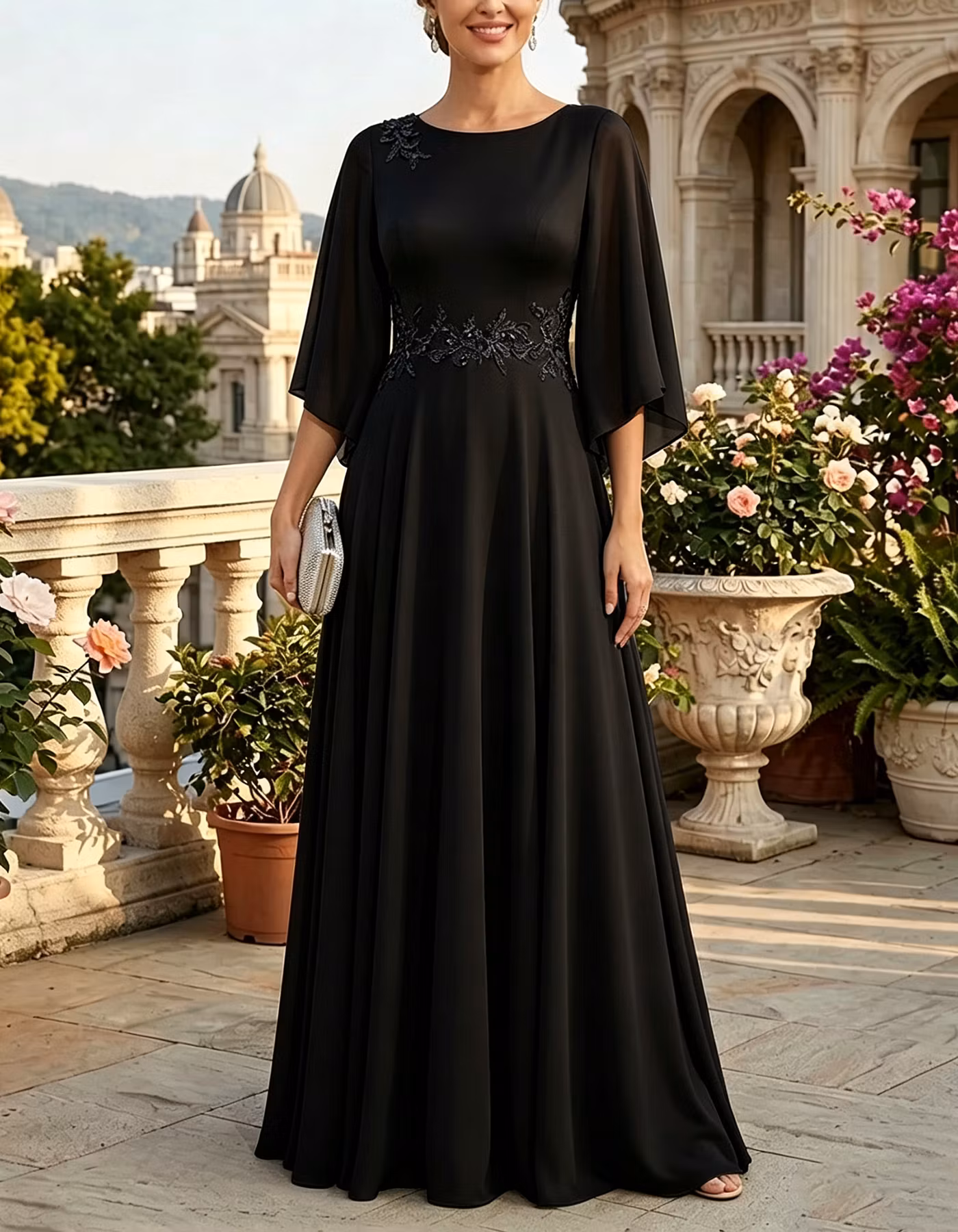 Light Blue Round Neck Chiffon A-Line Maxi Dress