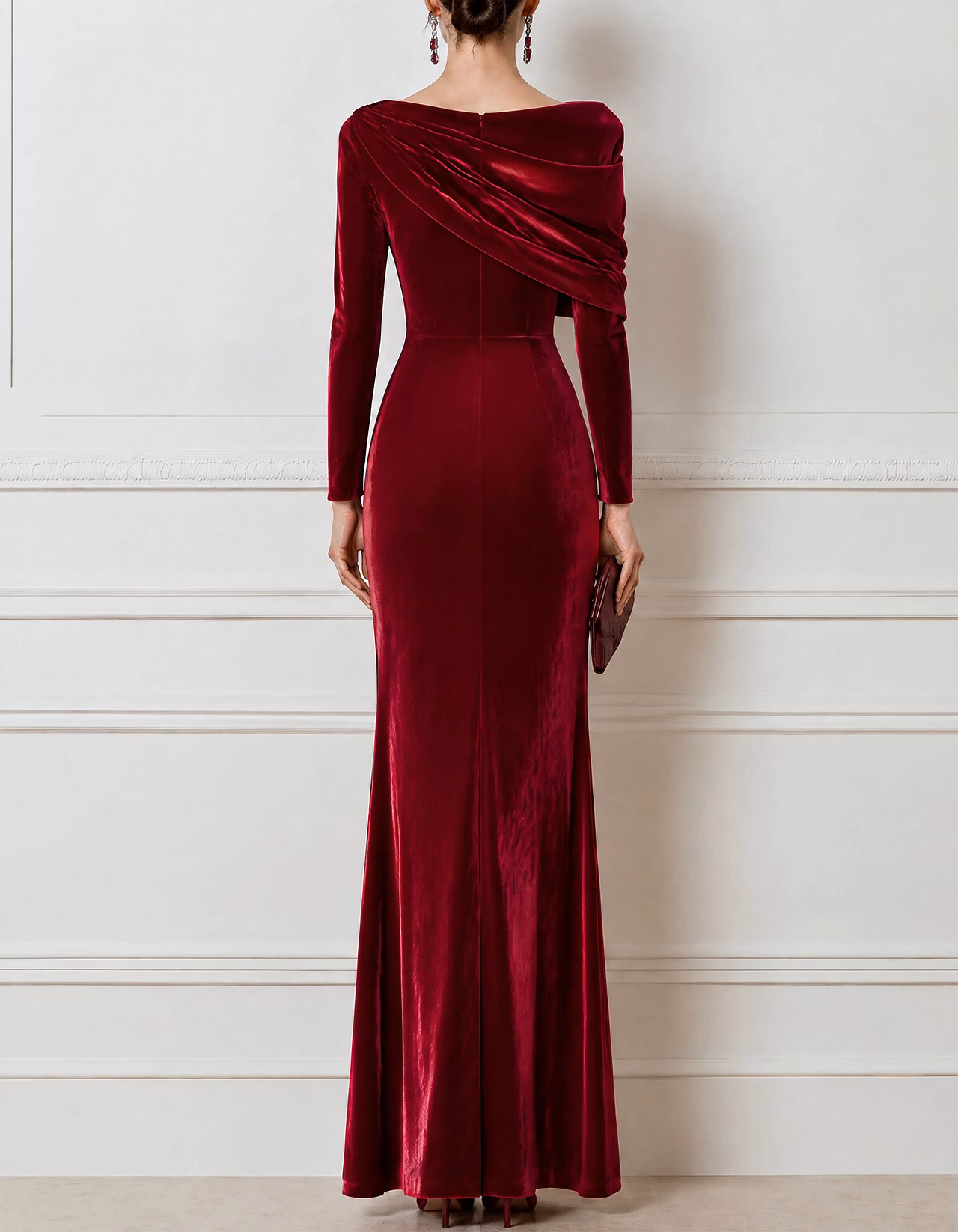 Burgundy Draped Asymmetric Velvet Maxi Dress