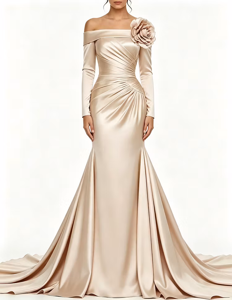 Off The Shoulder Satin Long Sleeve 3D Floral Formal Maxi Dress