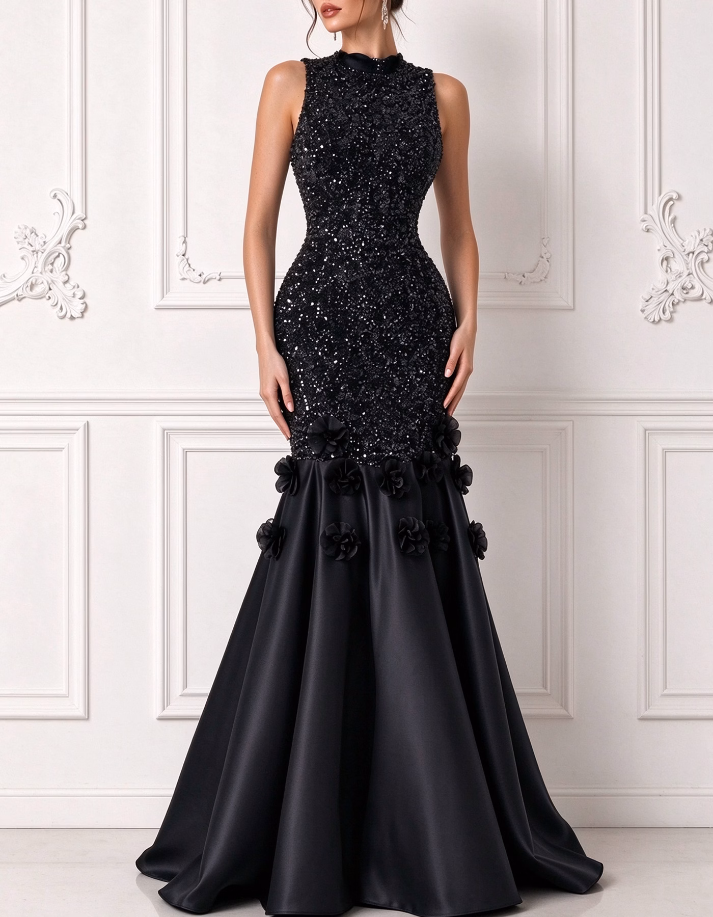 High Neck Sleeveless Sequin 3D Flower Satin Mermaid Maxi Dress