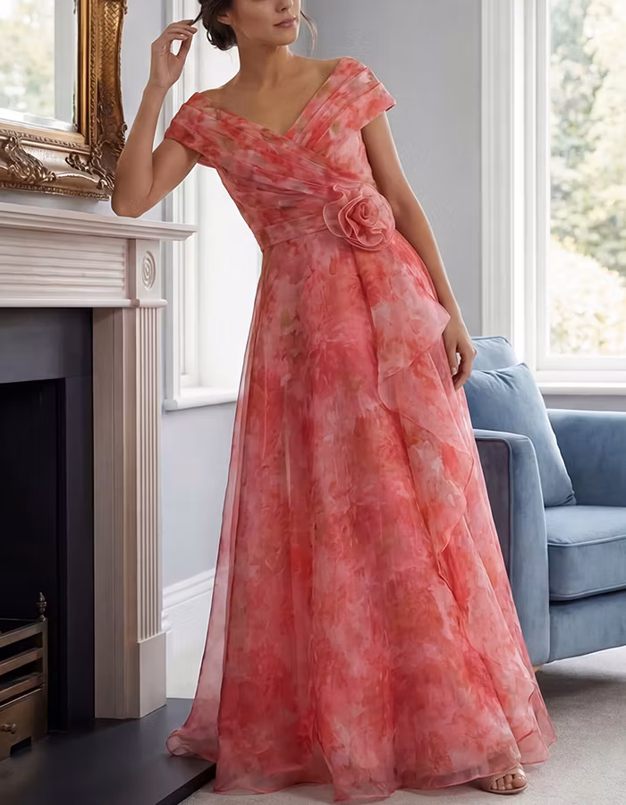 Pink Floral Off Shoulder 3D Rose Ruffle Chiffon Maxi Dress