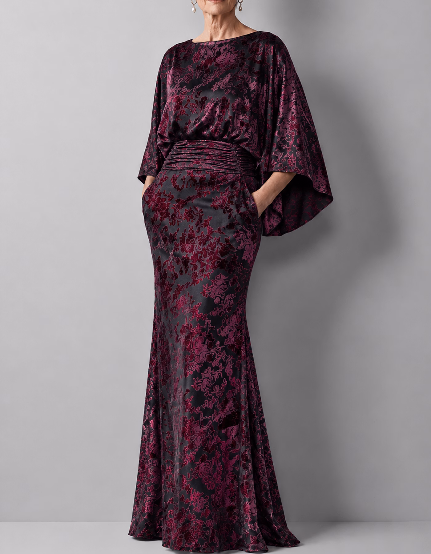 Batwing Sleeve Ruched Waist Floral Velvet Jacquard Maxi Dress