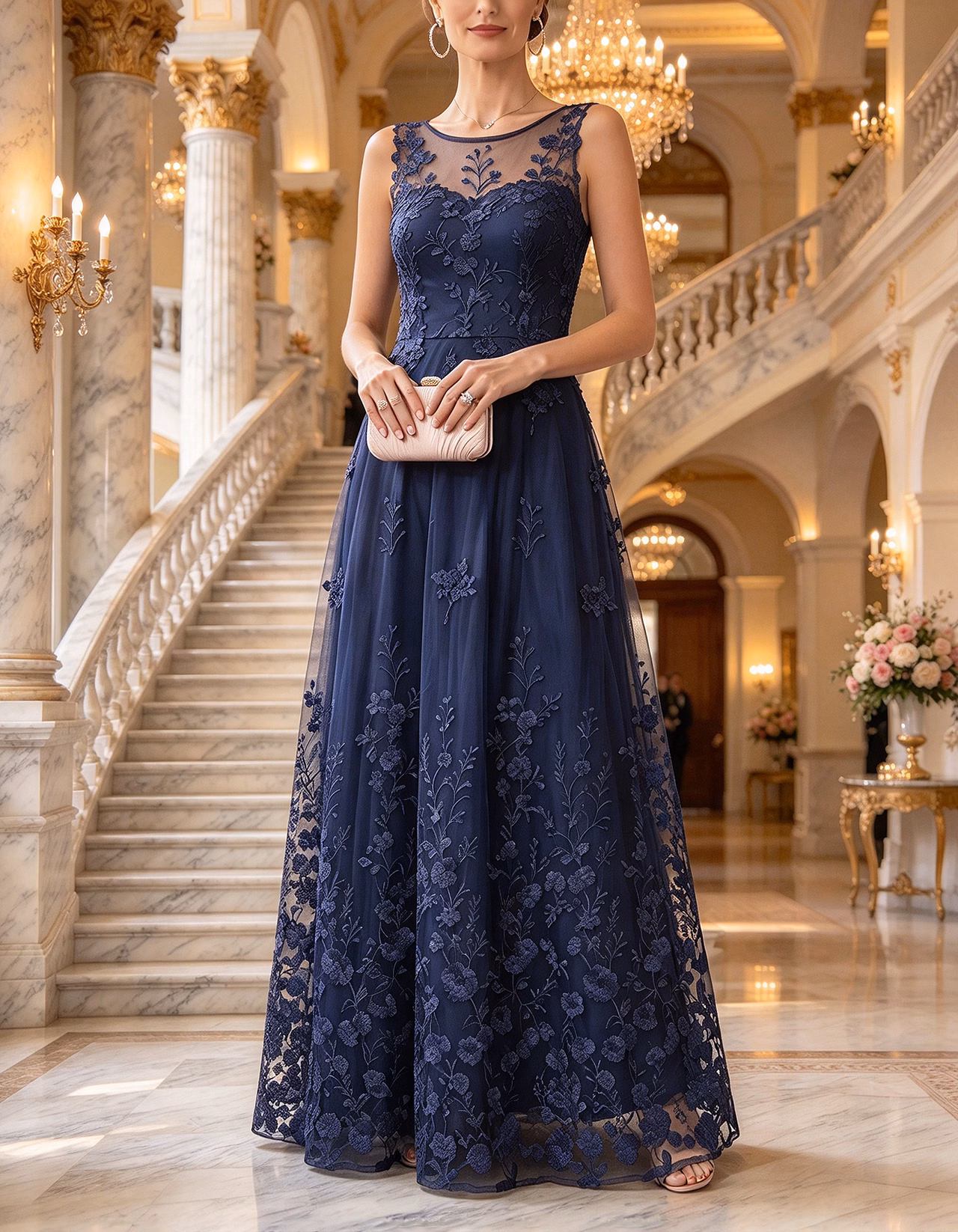 Navy Illusion Round Neck Sleeveless Floral Lace Tulle Maxi Dress